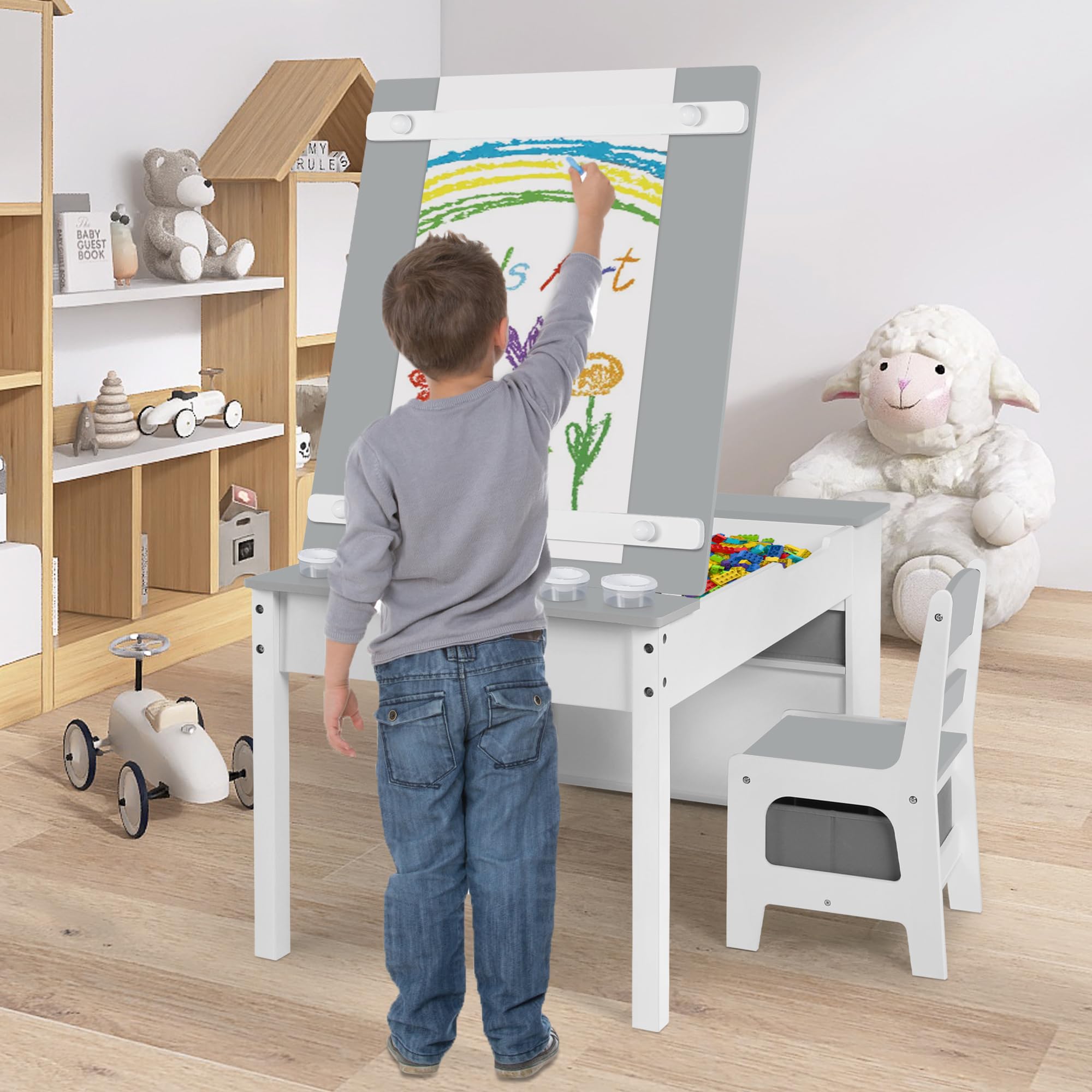 2-in-1 Kids Art Table and Chairs Set with Storage - Wooden Activity Desk for Toddlers Includes 2 Chairs, 8 Canvas Bins, 6 Paint Cups & Paper Roll - Perfect for Drawing, Writing & Creative Play in Nursery or Playroom