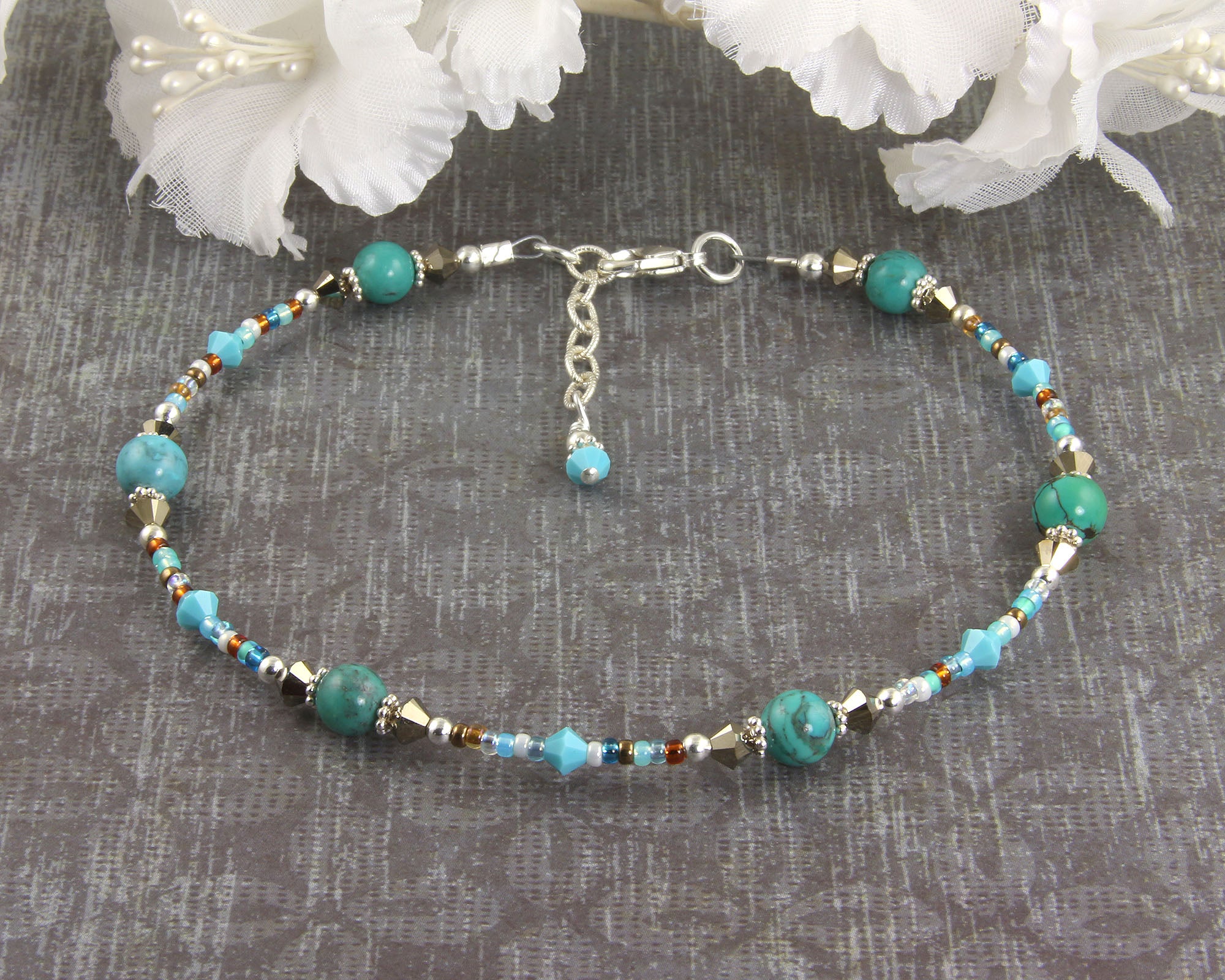 Turquoise Gold Crystal Silver Plated Anklet Bracelet for Women - Boho Beach Jewelry for Summer Outfits & Vacation Accessories