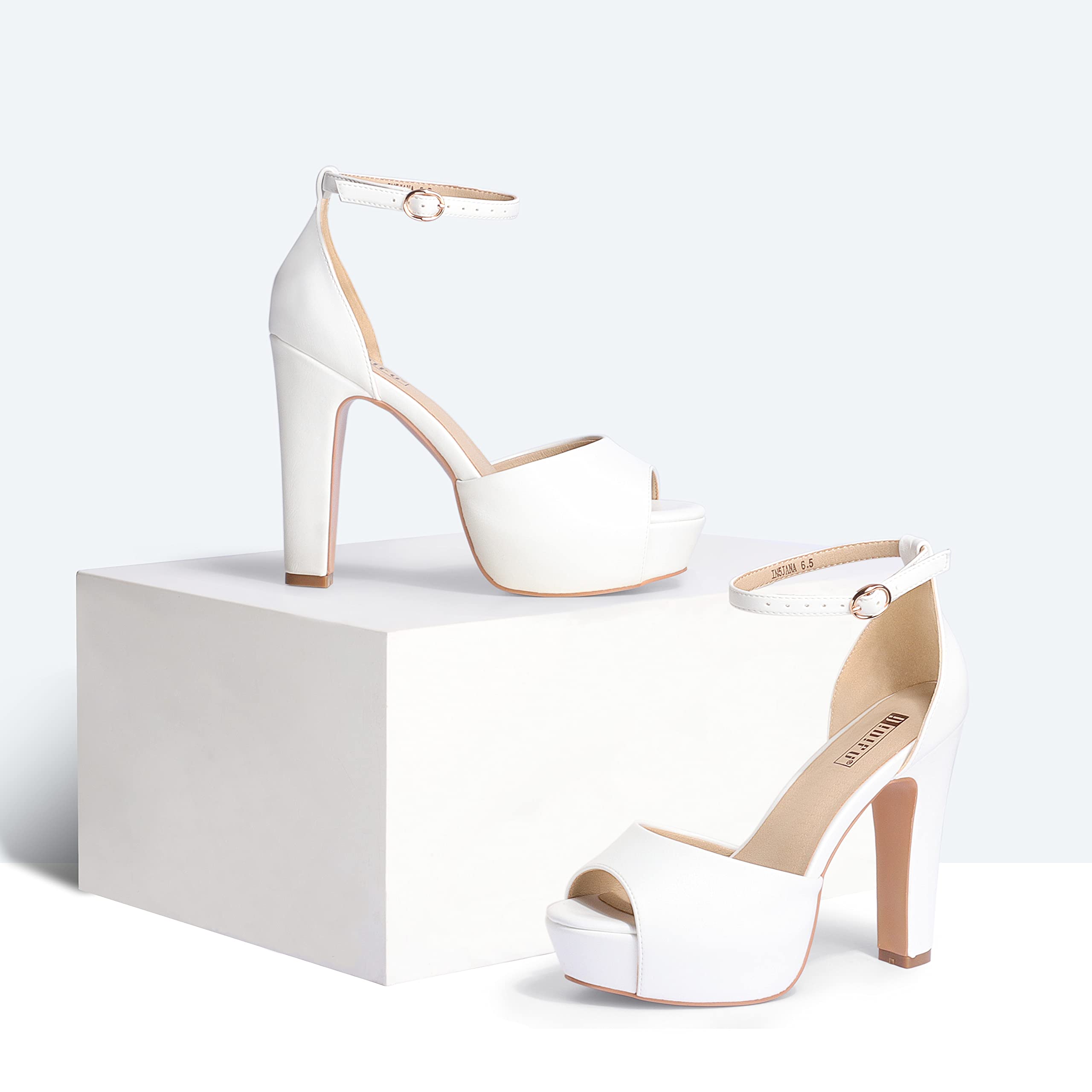 IDIFU Women's Chunky High Heel Sandals - Peep Toe Ankle Strap Dress Shoes for Wedding, Party & Evening Events | Comfortable Bridal Shoes for Bride, Prom & Special Occasions