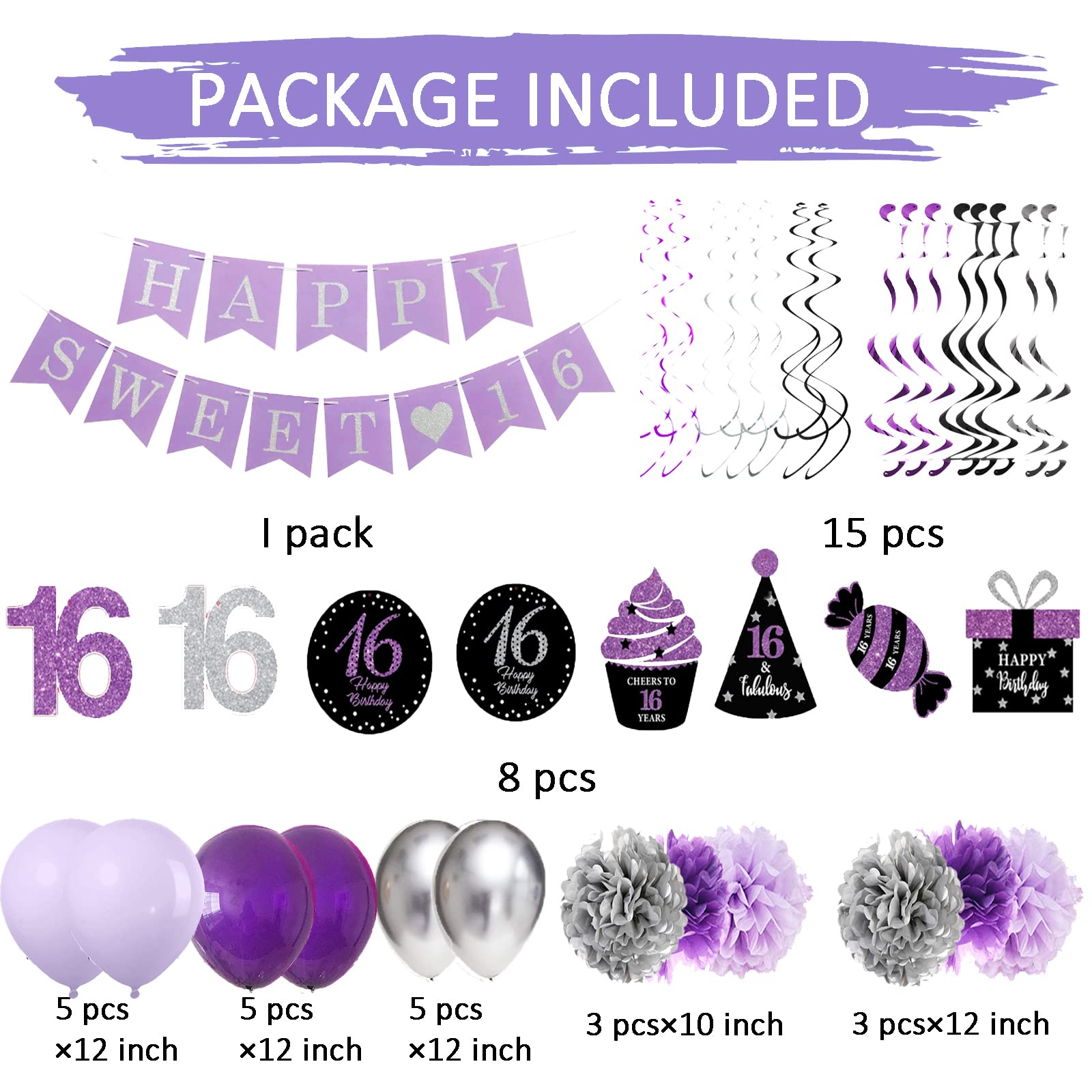 Sweet 16 Birthday Party Decorations - Purple & Silver Black Foil Hanging Swirls Banner for Girls | 16th Birthday Party Supplies | Perfect for Sweet Sixteen Decor, Wall Decorations & Photo Backdrops