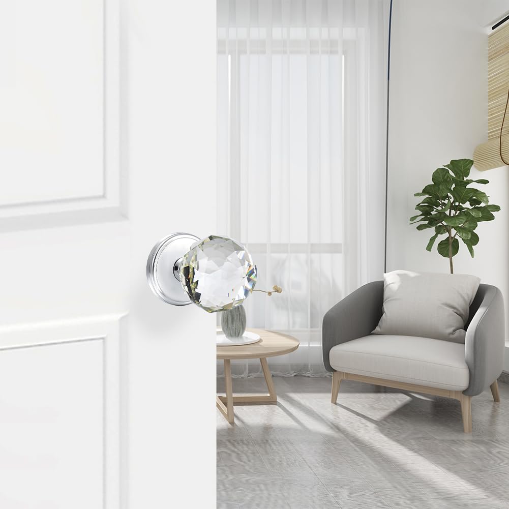 Polished Chrome Crystal Glass Round Door Knobs for Interior Doors - Hallway, Closet & Passageway Hardware - Perfect for Bedrooms, Bathrooms & Home Renovation Projects