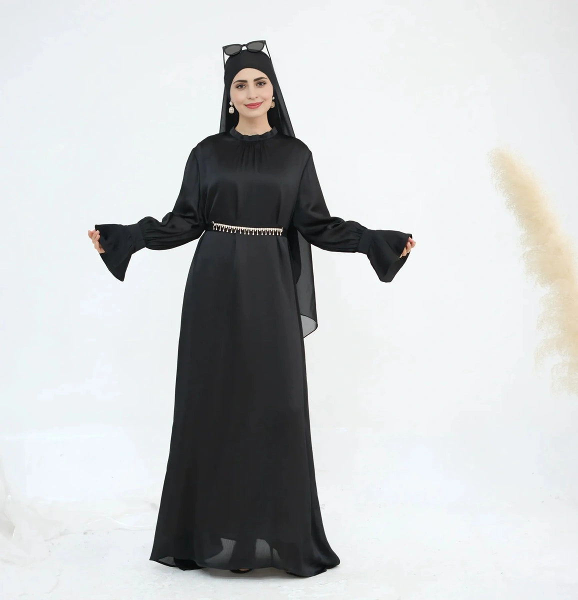 Elegant Satin Abaya Dress with Diamond Chain Belt - Modest Islamic Fashion for Women | Perfect for Prayer, Eid, Wedding & Special Occasions
