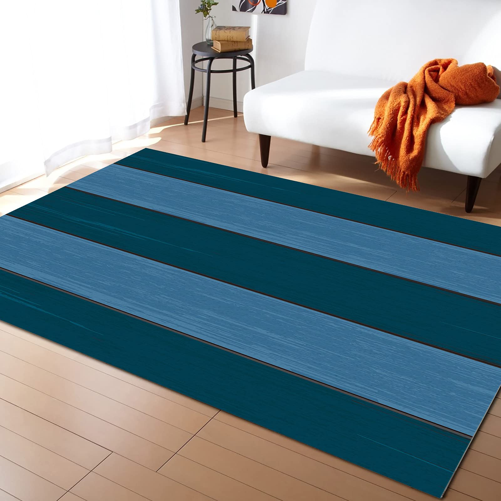 Vintage Rustic Blue Wood Grain Area Rug - Non-Slip Rubber Backed 5' x 7' Indoor Rug, Fade-Proof & Washable Comfort Carpet for Living Room, Bedroom Decor - Perfect for Boho, Farmhouse & Modern Home Styles