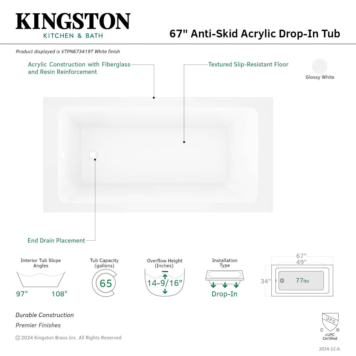 Aqua Eden 67 Inch Acrylic Rectangular Drop-In Bathtub with Anti-Slip Surface, Glossy White - Perfect for Modern Bathroom Renovation & Spa-Like Relaxation