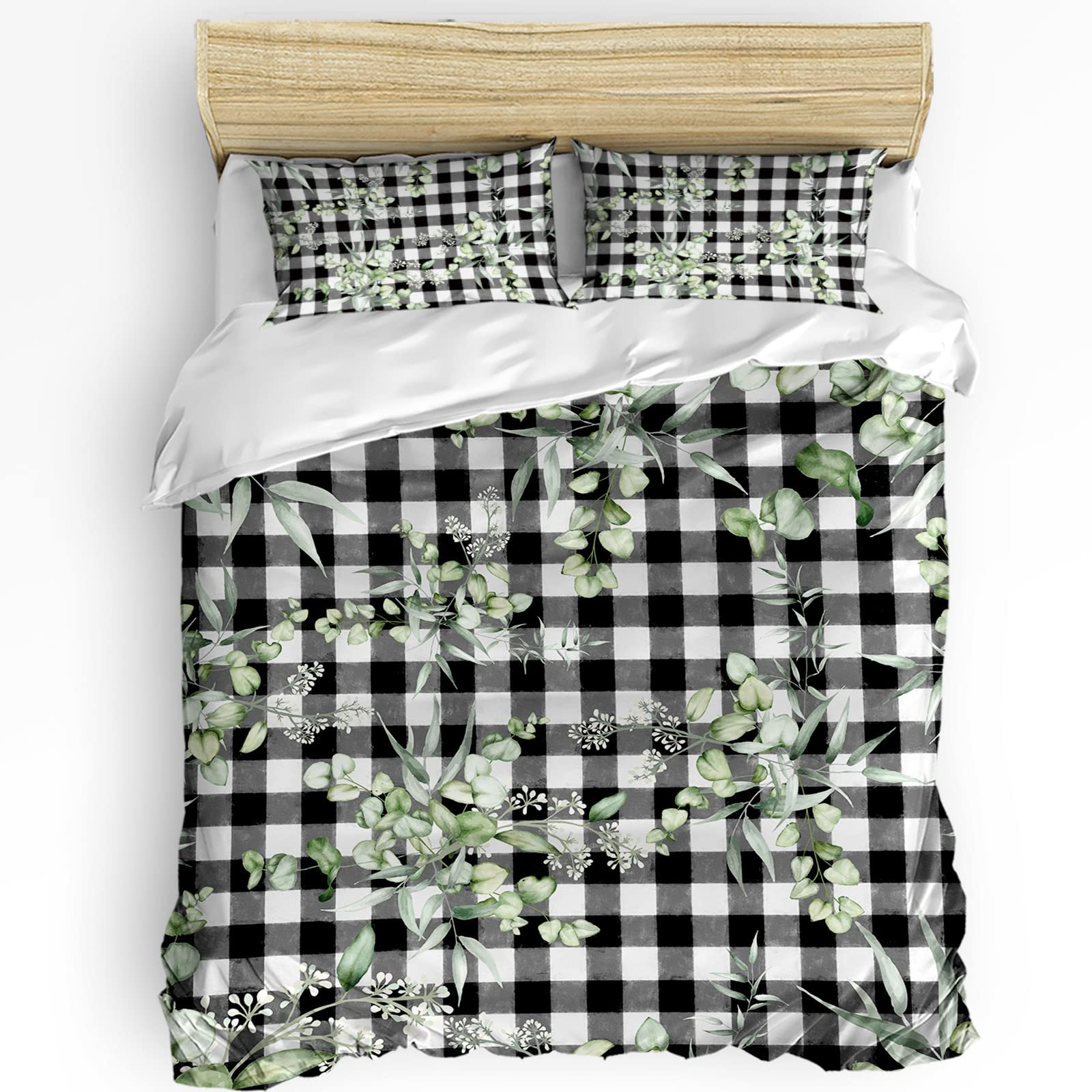 LBHAUSE 3-Piece California King Bedding Set - Green Leaf Tiled Duvet Cover with 2 Pillow Shams | Soft Quilt Comforter Set for Teens, Adults & Toddlers | Black & White Buffalo Plaid Pattern | Perfect for Guest Rooms, Master Bedrooms & Dorm Decor