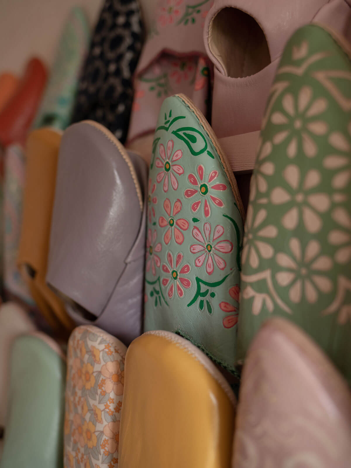 Hand Painted Floral Moroccan Babouche Slippers - Soft Sage Green Leather House Shoes for Women | Cozy Home, Lounge & Indoor Comfort