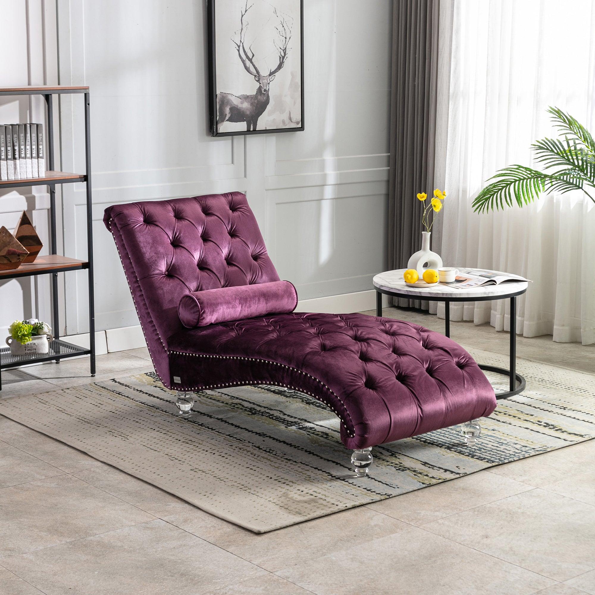 Luxury Velvet Chaise Lounge Chair - Button Tufted Upholstered Sofa with Pillow for Bedroom, Living Room & Office - Elegant Purple Velvet Chaise - Perfect for Relaxing, Reading & Home Decor