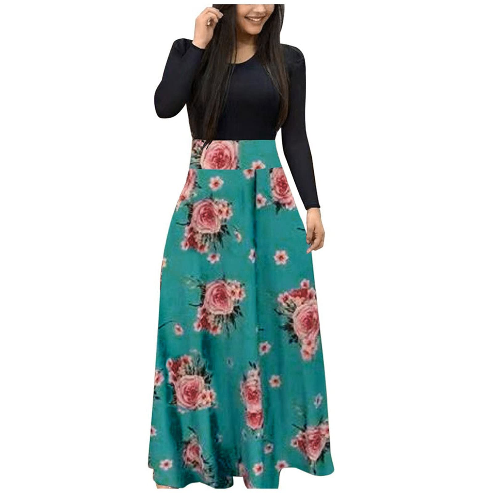 Floral Print Maxi Dress for Women - Long Sleeve Casual Summer Dress Plus Size - Perfect for Beach Vacations, Date Nights & Office Wear