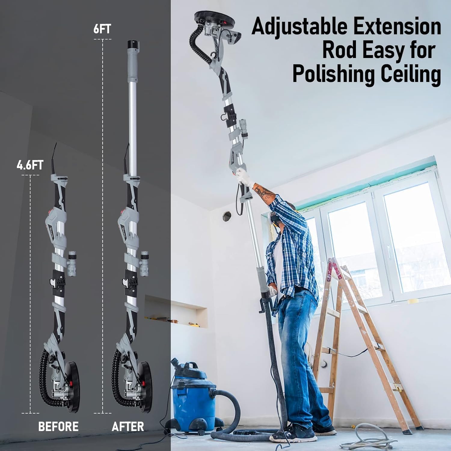 750W Electric Drywall Sander with 6 Sanding Discs & Extendable Handle - 7 Speed Adjustable (800-1700 RPM), LED Light, Dust Hose & Storage Bag - Perfect for Wall Repair, Home Renovation and DIY Projects