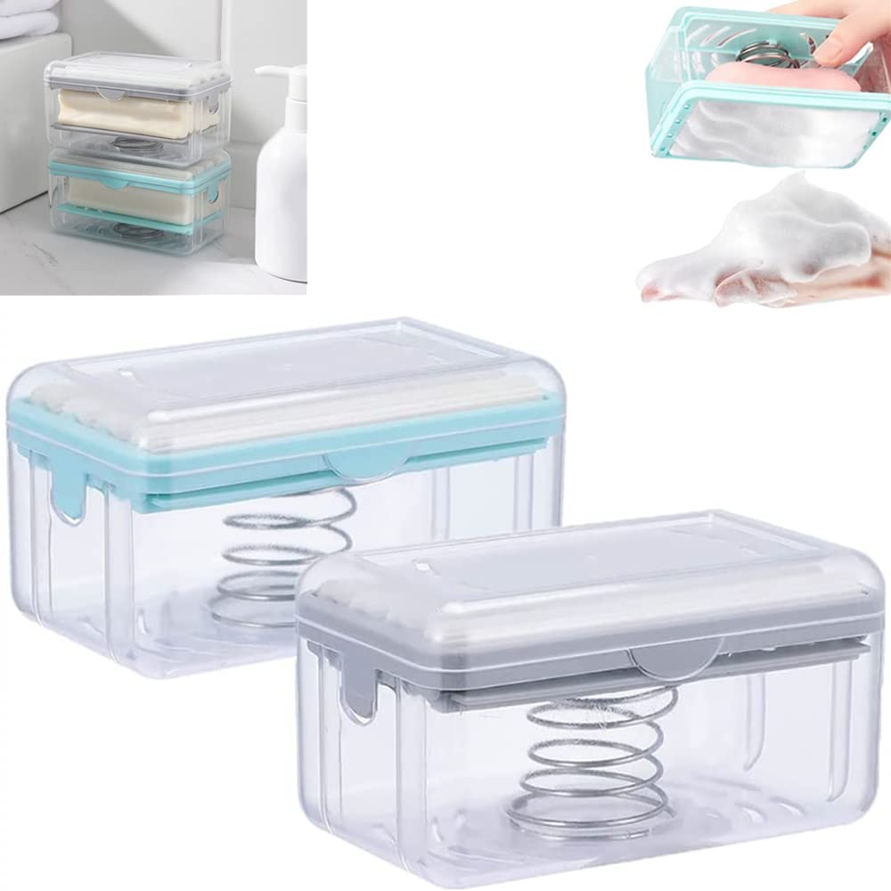 FSHANYUE 2-Pack Soap Dish with Drain Holes - Multifunctional Soap Bubble Box & Foaming Soap Holder for Bathroom, Kitchen Sink - Spring-Loaded Design (Blue + Gray) | Perfect for Liquid Soap Dispensers & Bar Soap Storage