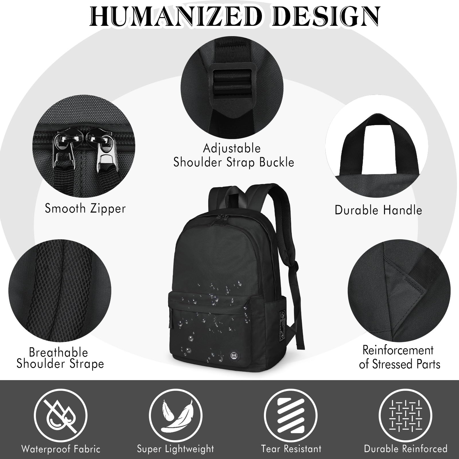 HAMUNI Lightweight Unisex Backpack for School, College, Travel & Work - Durable Laptop Backpack Fits 15.6 Inch Notebook - Perfect for Students, Professionals & Daily Commuters (Black, One Size)