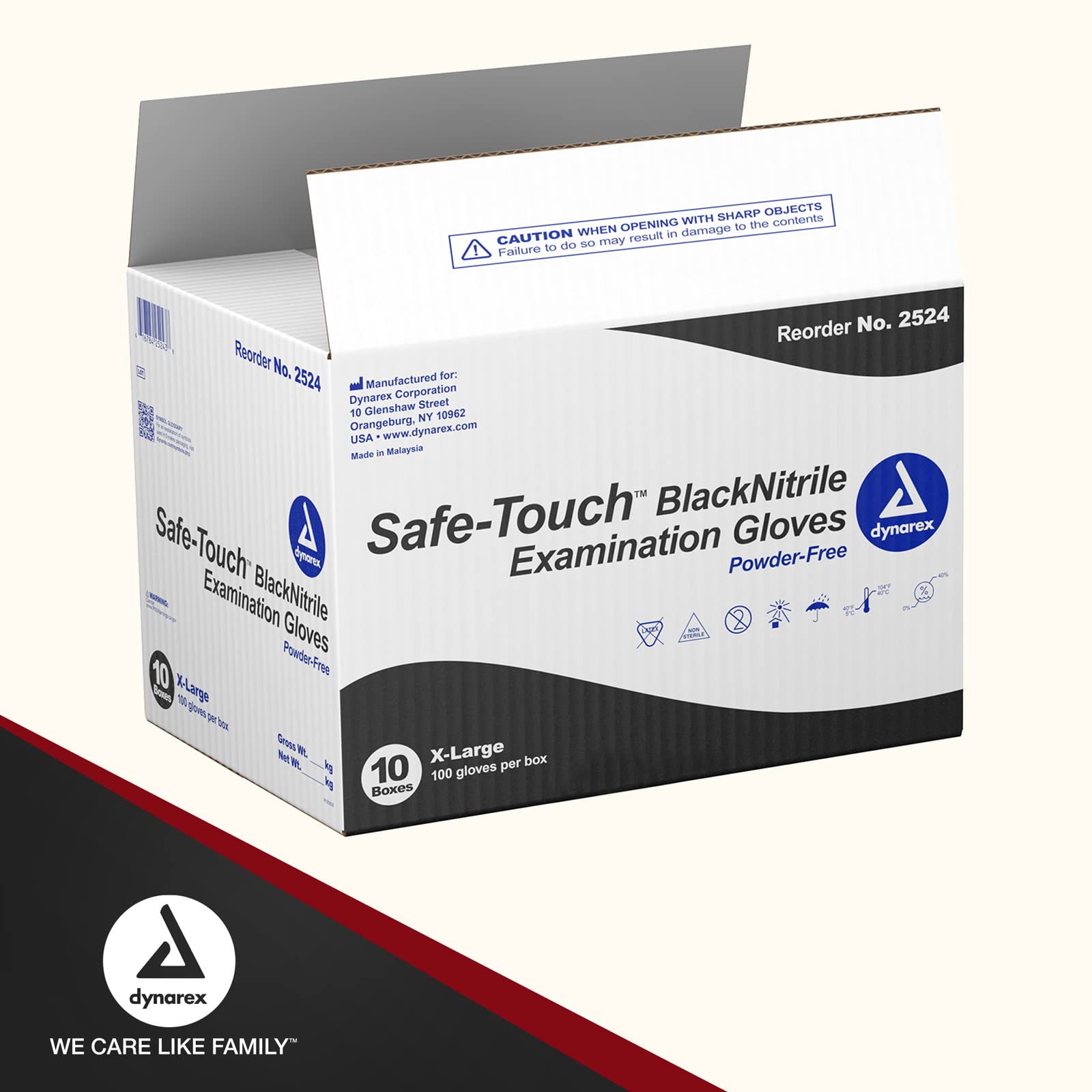 Dynarex Safe-Touch Black Disposable Nitrile Exam Gloves - Powder-Free, Extra Large (XL) - 1 Case (10 Boxes x 100 Gloves) - Medical Grade, Latex-Free - Ideal for Healthcare, Dental, Food Service & Industrial Use