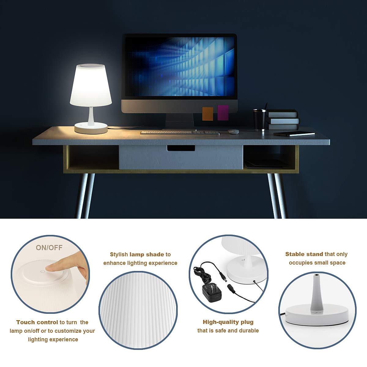 Modern White Touch Table Lamp with Adjustable Brightness - Bedside Nightstand Lamp for Bedroom, Small Desk Reading Light, Perfect for Cozy Nights and Home Office Use