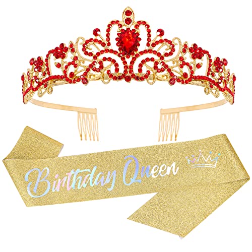 Elegant Happy Birthday Crown & Tiara Set for Women - Red Princess Crown, Birthday Sash & Party Decorations | Perfect for Birthday Parties, Bachelorette Celebrations & Special Occasions