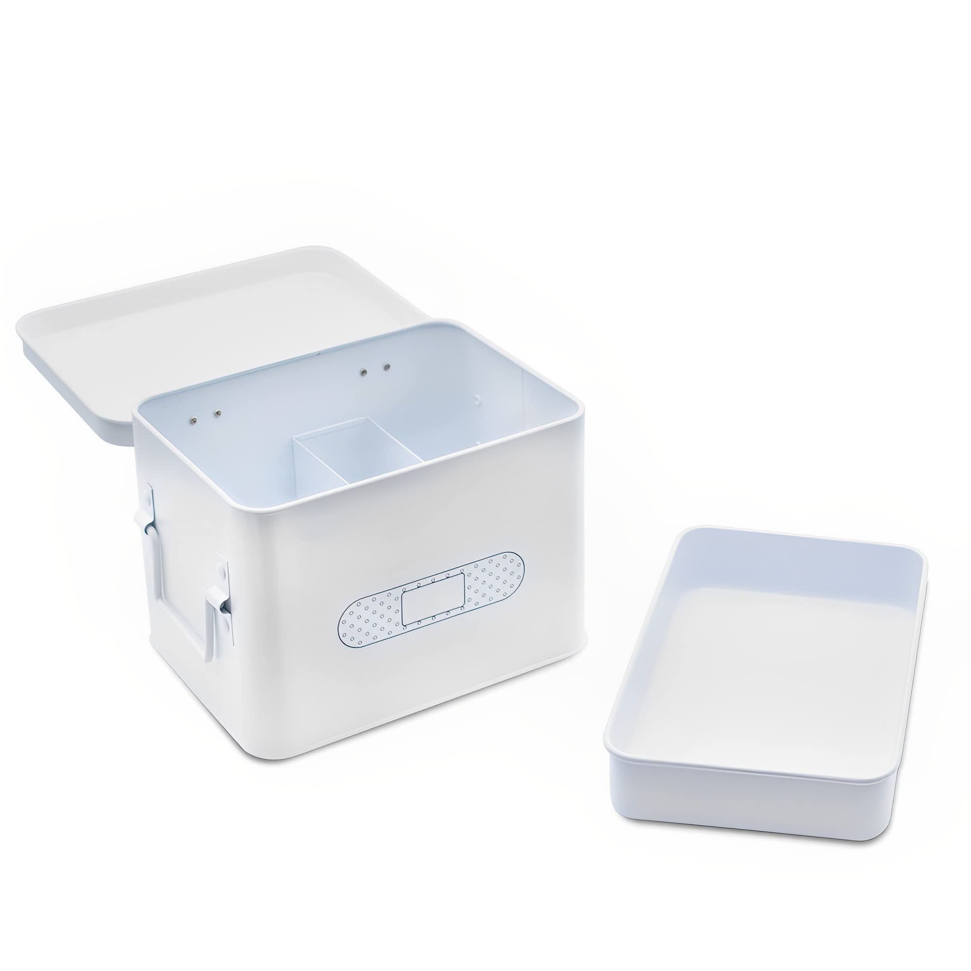 Metal Storage Organizer Box with Hinged Lid & Removable Tray - First Aid Kit, Medicine, Pharmacy, Bandage & Bathroom Supplies Holder - Matte White & Black - Perfect for Home, Office & Travel Organization