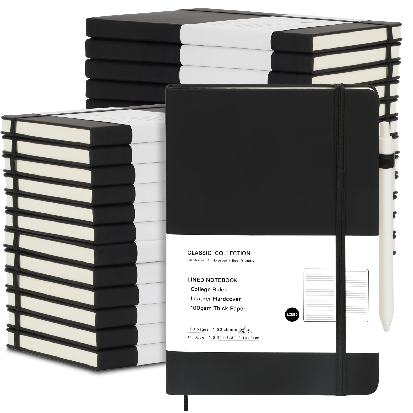 Coopay 24-Pack A5 Leather Journal Notebook Set with 24 White Pens - Classic Ruled Hardcover Writing Notebooks for Office, School & Business - Bulk Journals with Pen Holder (100GSM, 8.3”x5.5”, Black) - Perfect for Daily Journaling, Note Taking, Gift Giving & Creative Writing