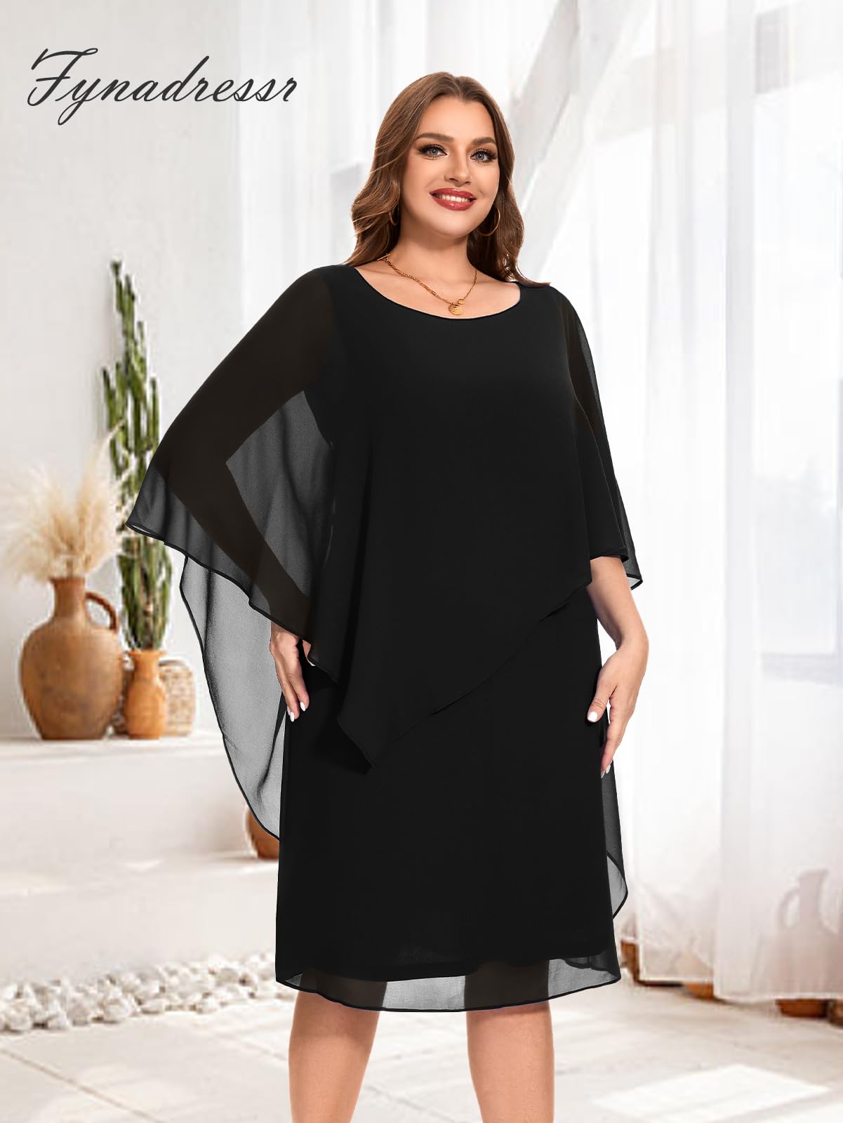 Plus Size Women's Chiffon Cape Dress - Sleeveless Elegant Cocktail & Wedding Guest Dress for Special Occasions | Perfect for Parties, Evening Events & Formal Gatherings