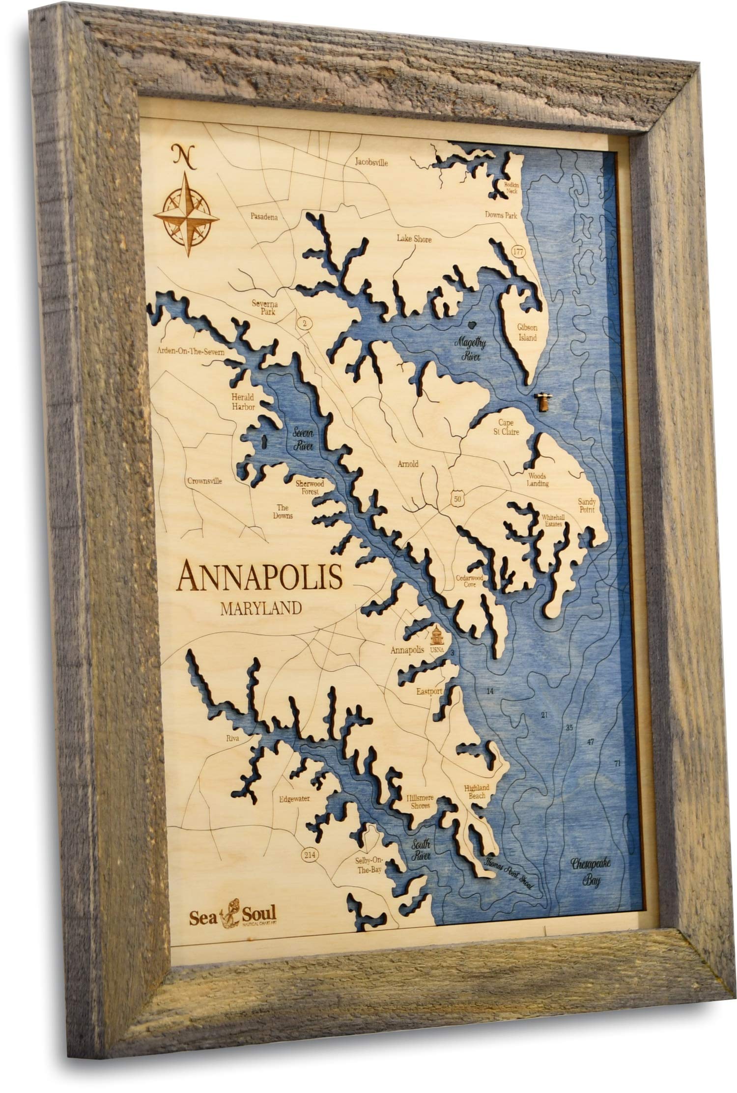 Sea & Soul Annapolis 3D Nautical Wood Map Wall Art - Handcrafted USA-Made 13”x16” Coastal Decor - Rustic Pine & Deep Blue Wooden Chart - Perfect for Beach House, Office, or Lake Cabin Decor - Unique Housewarming & Wedding Gift Idea