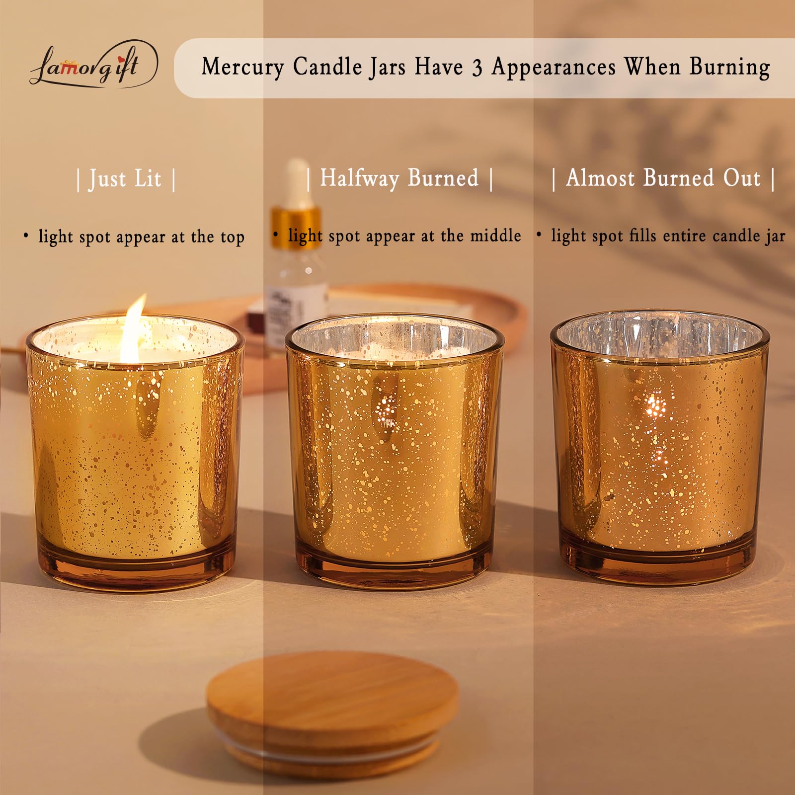 LAMORGIFT 15 Pack 8oz Gold Glass Candle Jars with Lids - Empty Mercury Glass Containers for DIY Candle Making - Includes 20 Candle Labels - Perfect for Home Decor, Wedding Favors & Gift Packaging
