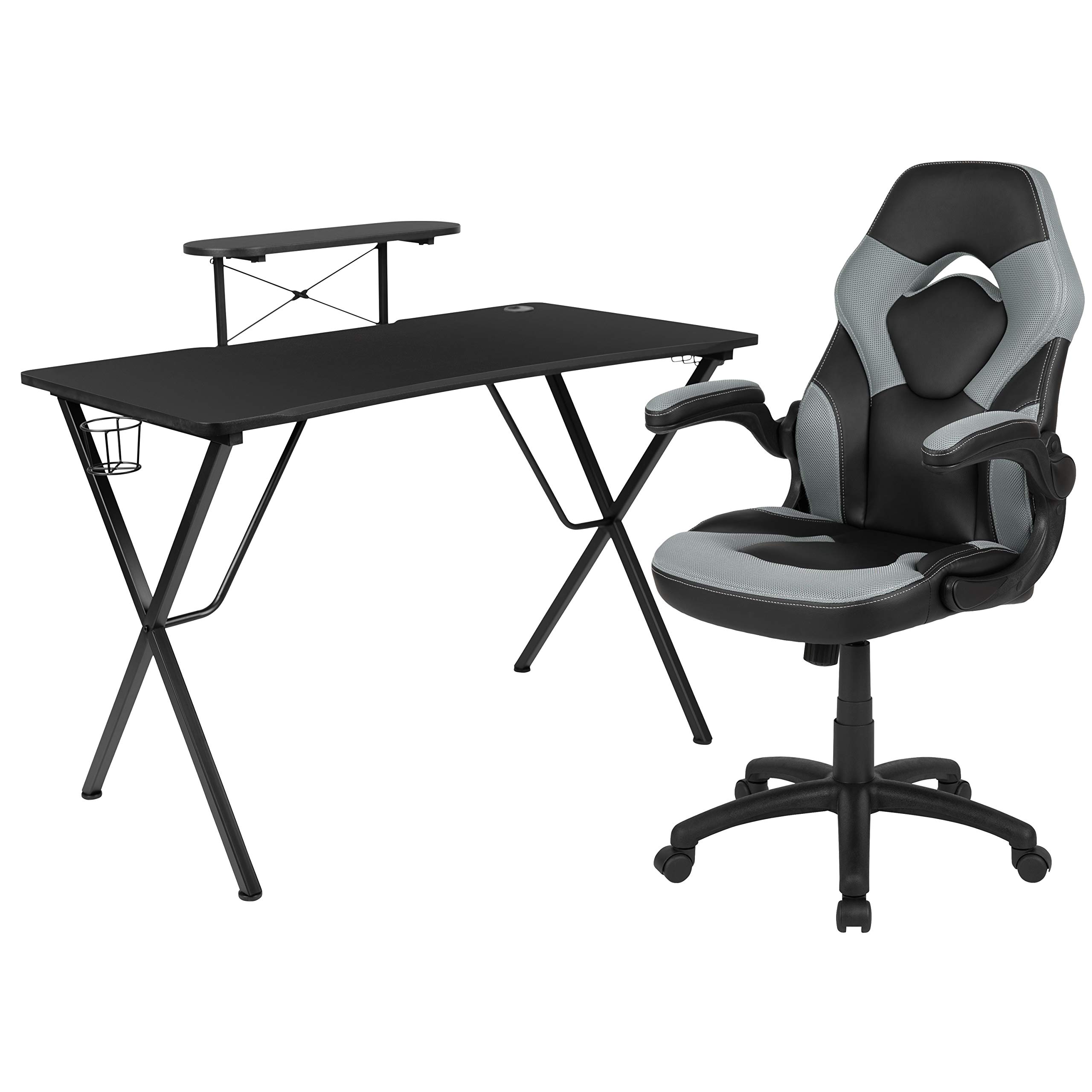 Black Gaming Desk Set with Cup Holder & Headphone Hook - Perfect for PC Setup
