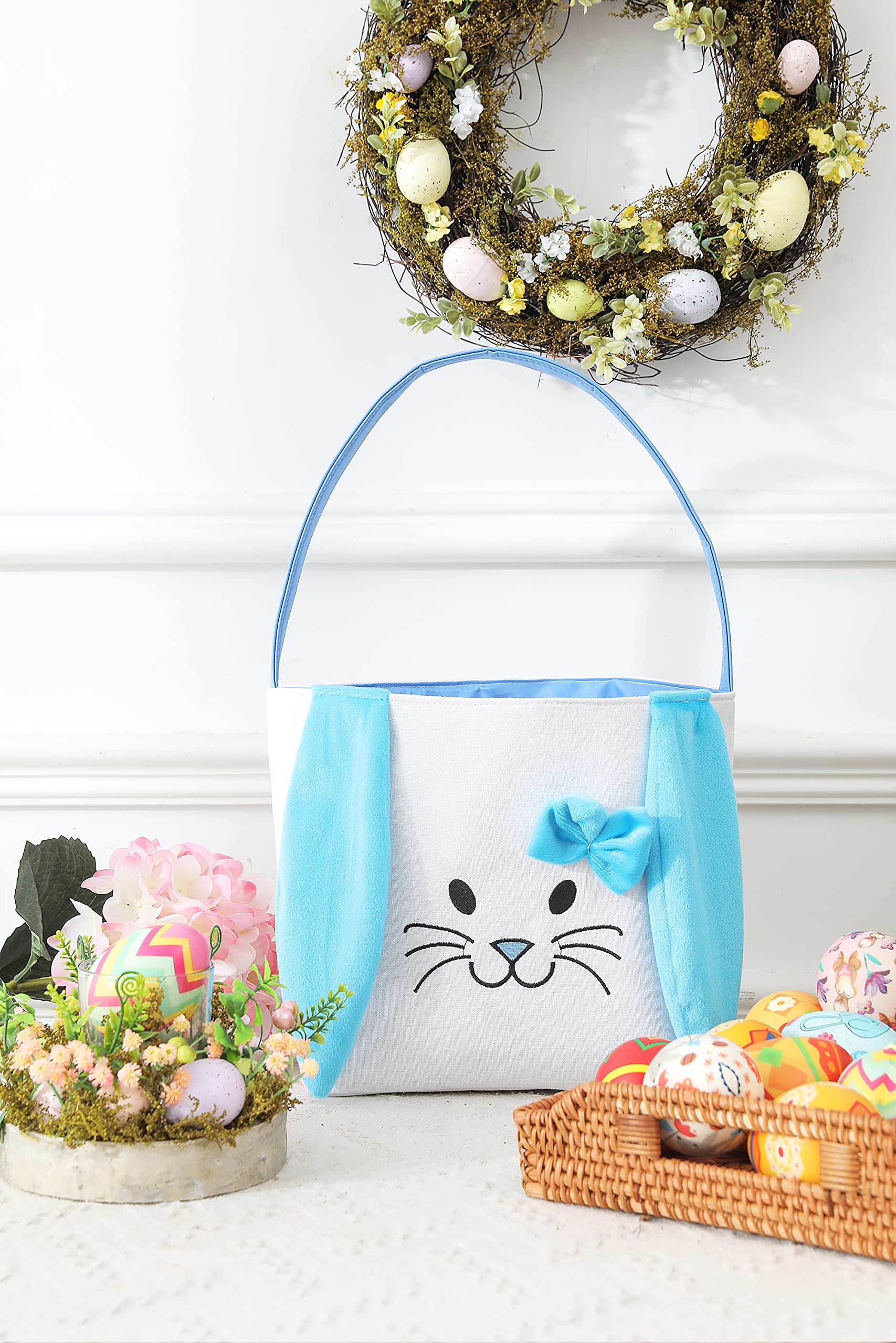 Easter Baskets for Kids - Boys & Girls Easter Egg Hunt Basket Set, Cute Bunny Printed Canvas Gift Basket for Toddlers - Easter Party Decorations & Supplies (Purple & Blue) - Perfect for Easter Egg Hunts, Birthday Gifts & Spring Decor