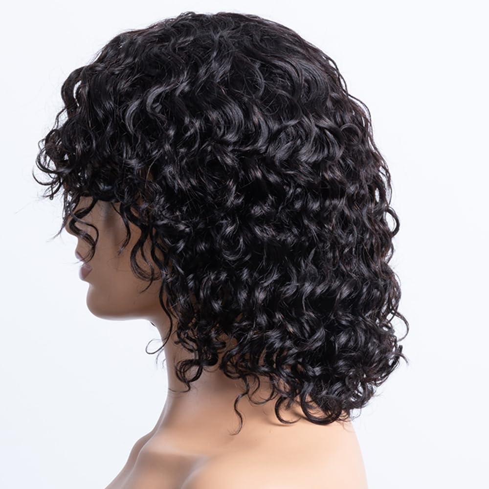 100% Brazilian Virgin Human Hair Wig - Glueless Short Water Wave Bob with Bangs for Black Women | 180% Density No Lace Wavy Bang | 12 Inch Natural Black | Perfect for Daily Wear, Cosplay & Protective Styling