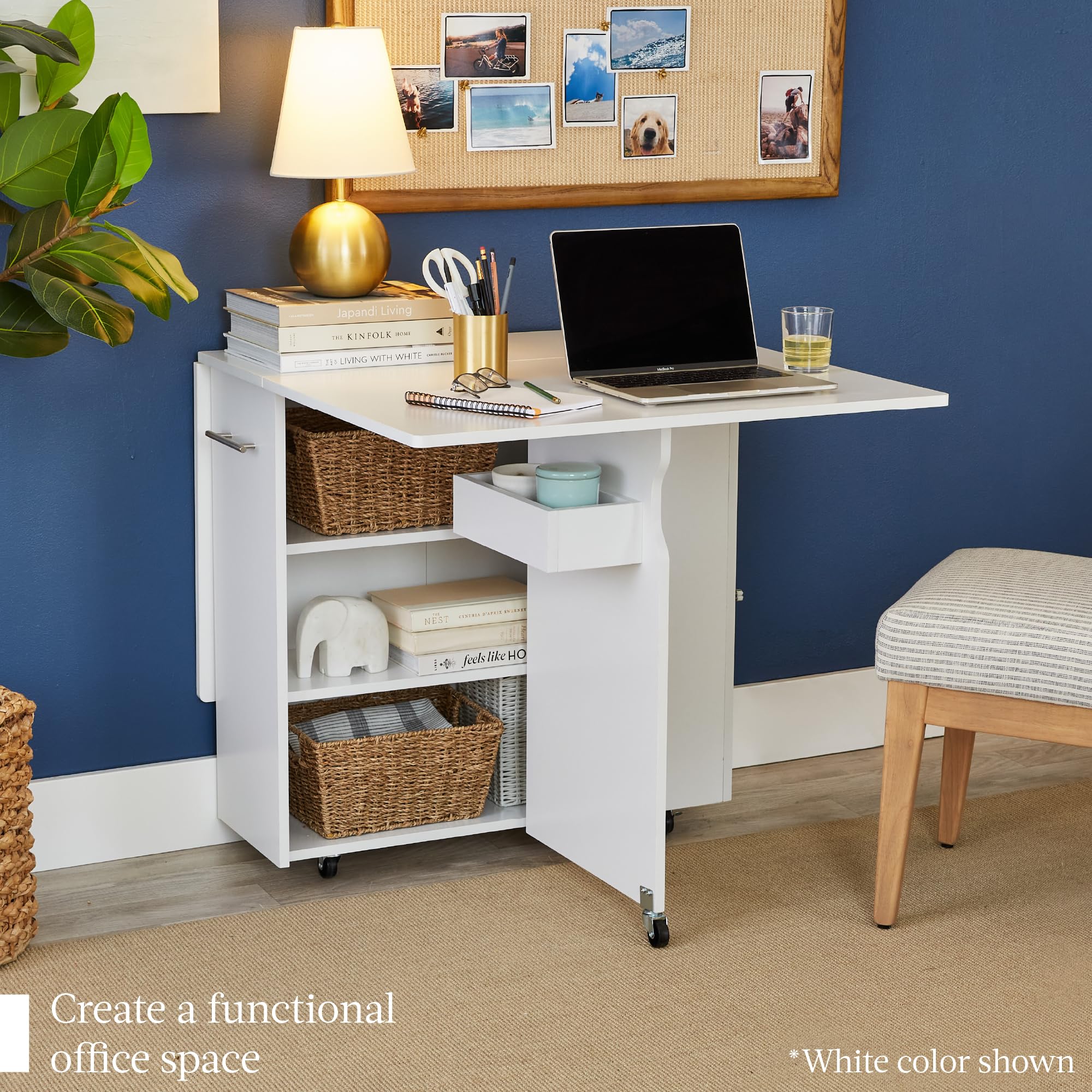 Best Choice Products Folding Dining Table - Space Saving Drop Leaf Extension Desk with Wheels & 3 Storage Shelves, Oak/White - Perfect for Small Apartments, Kitchen Nooks, and Home Offices