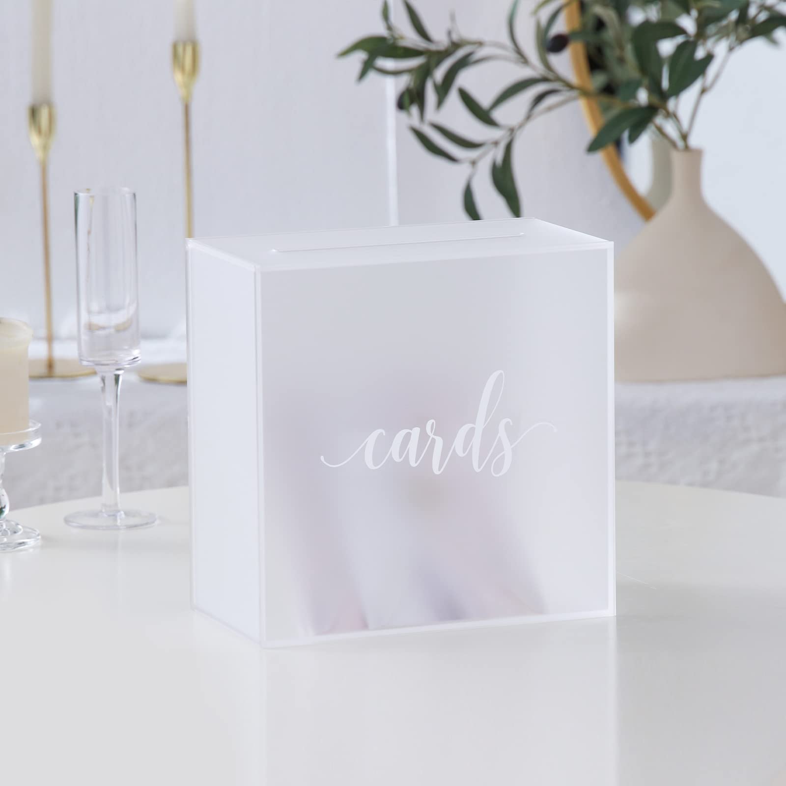 UNIQOOO Frosted Acrylic Wedding Card Box with Slot - 10x10x5.5 Inch Large Clear Money Gift Box for Wedding Receptions, Birthday Parties, Memory Keepsakes & Suggestion Boxes - Elegant White Print Design | Perfect for Wishing Wells, Ballot Voting & Special Event Decor