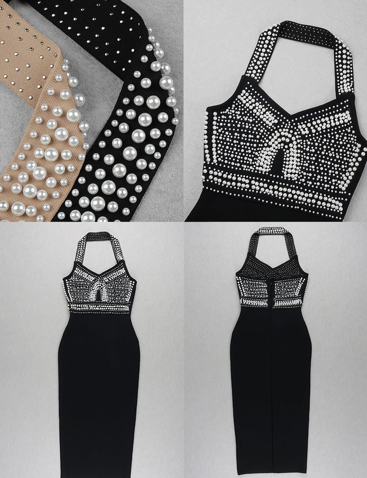 Madam Uniq Women's Halter Neck Bandage Dress with Beaded Details - Midi Bodycon Dress for Wedding Guest, Cocktail Party, Club Night & Formal Events | Elegant & Sexy Evening Gown for Special Occasions