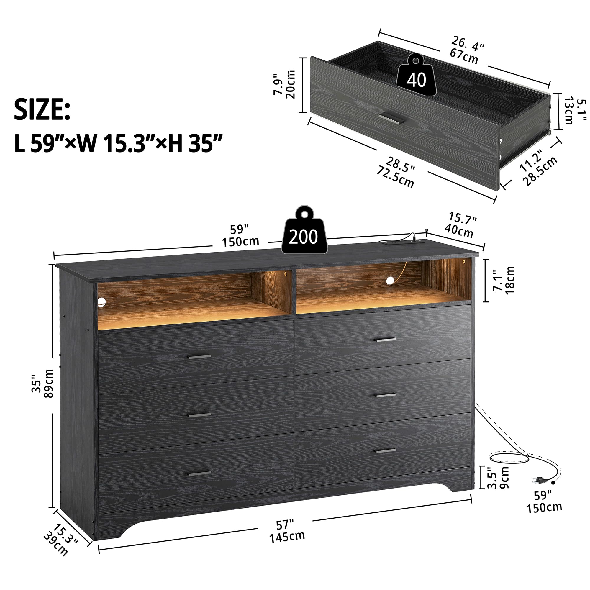 LIKIMIO 6-Drawer 59-Inch Black Dresser with LED Lights & Built-in Power Outlet - Modern Bedroom Storage Cabinet with Ample Space for Clothes, Accessories | Perfect for Master Bedroom, Guest Room & Dorm Organization