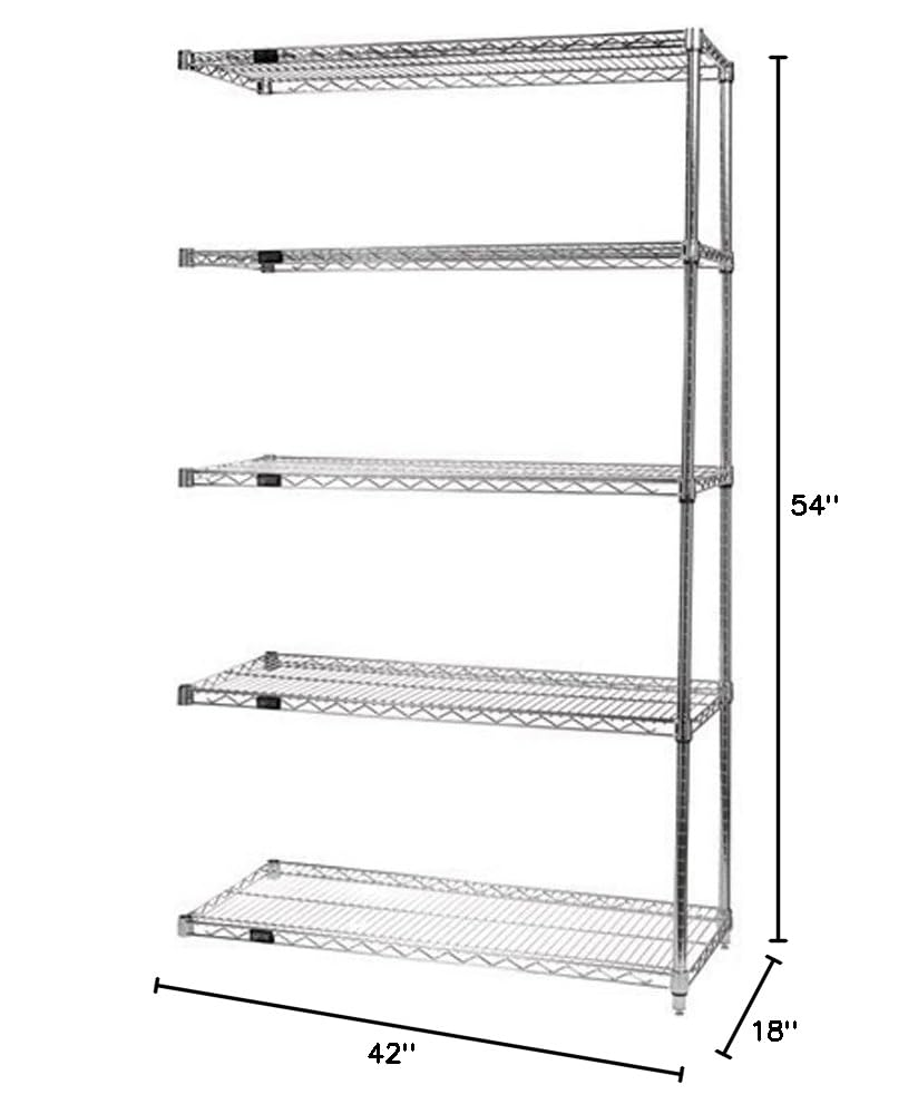 Quantum AD54-1842C-5 Heavy Duty Chrome Wire Shelving Storage Kit with 5 Shelves, 2 Posts & 10 S-Hooks | 600-800 lbs Capacity | 42