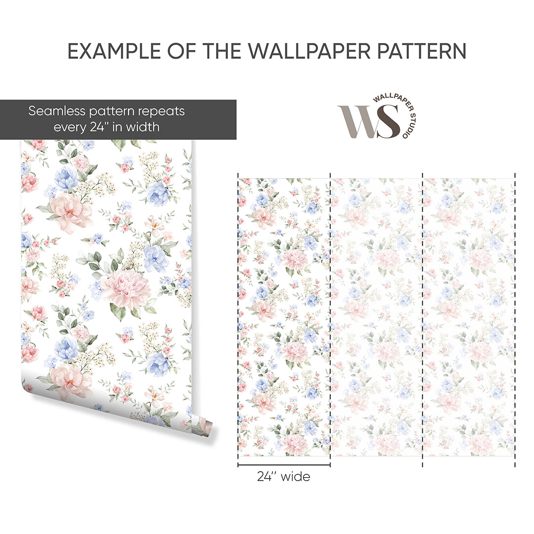 Pink and Blue Floral Bouquet Wallpaper S059 - Elegant Peel and Stick Wallpaper for Bedroom, Living Room, and Nursery Decor