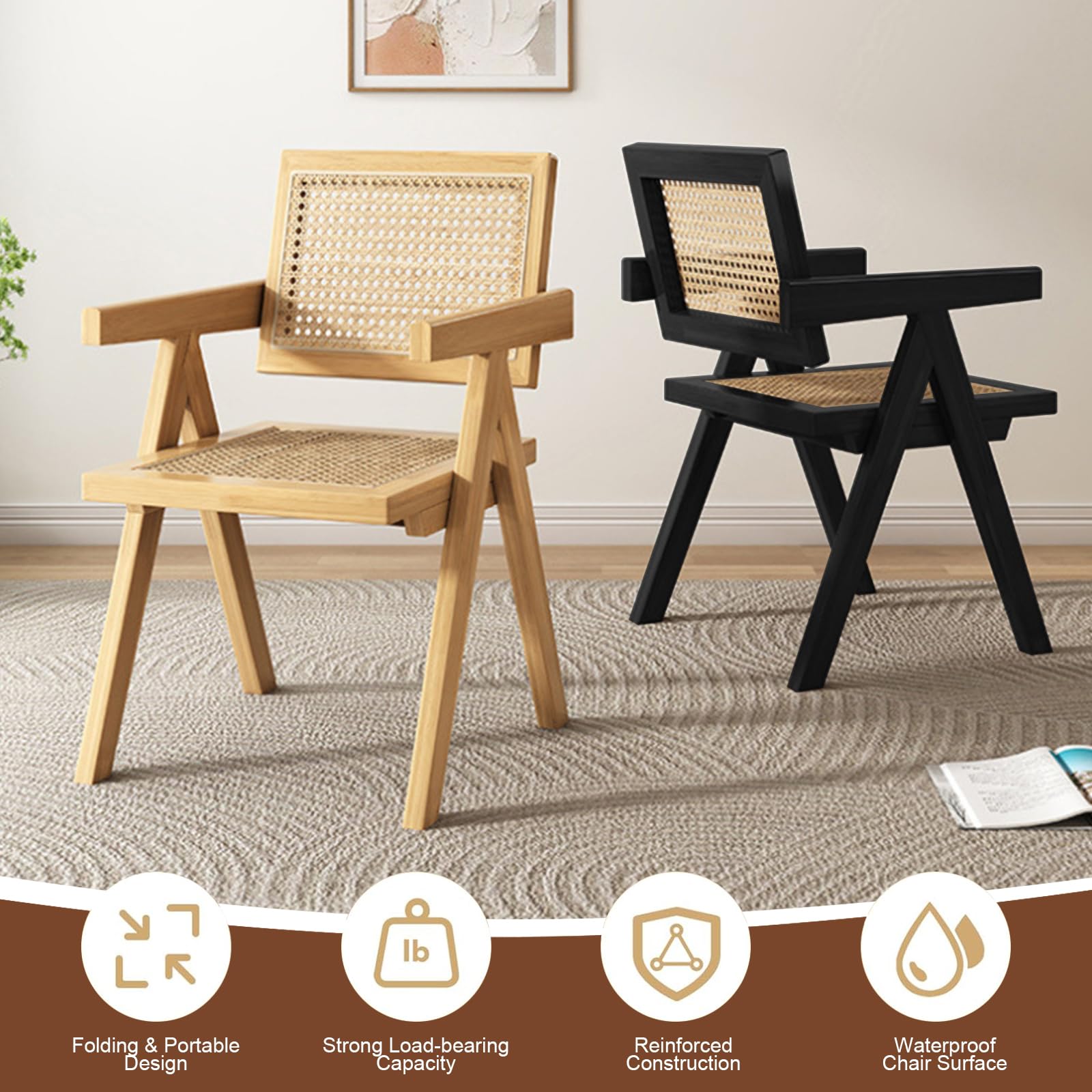 Rattan Dining Chair - Wooden Kitchen Cane Armchair with Woven Backrest & Seat - Comfortable for Living Room, Bedroom, Restaurant - Perfect for Indoor Dining, Home Decor & Entertaining (Black)