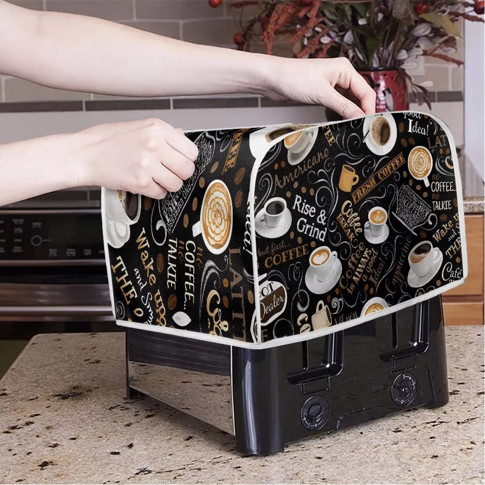 Jeiento Coffee Theme 2-Slice Long Slot Toaster Cover - Dust & Fingerprint Protection for Bread Appliances | Small Kitchen Organizer Bag for Countertop Storage & Decor