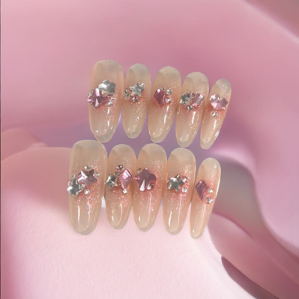Lustrous Jelly Glam 3D Press On Nails - Long Lasting False Nails with Glitter Design for Women, Perfect for Parties, Weddings & Special Occasions