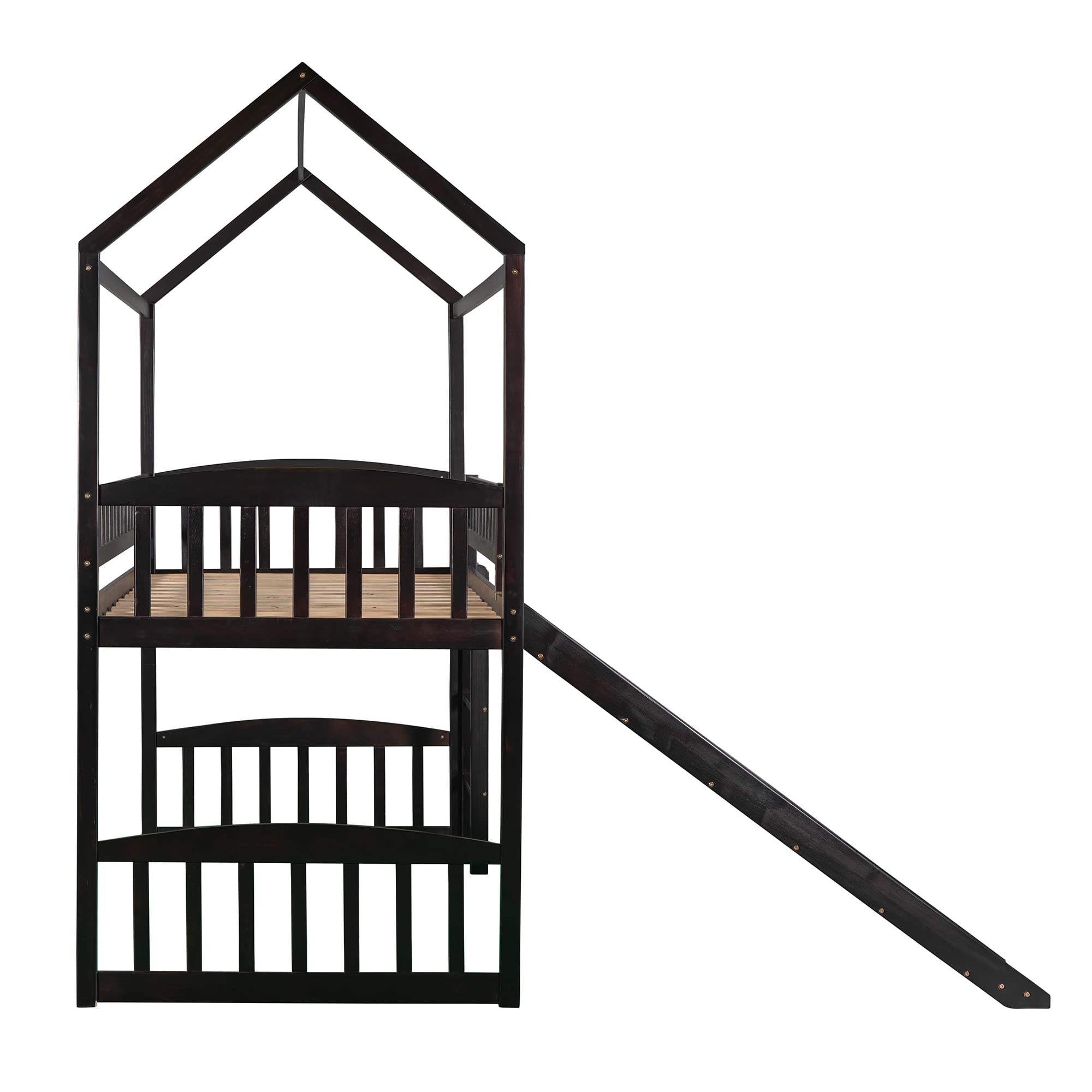 **Merax Twin Loft Bed with Slide & Ladder - Wooden House Style Bed with Roof & Guardrails for Kids & Teens (Espresso) - Perfect for Bedrooms, Playrooms & Small Spaces**