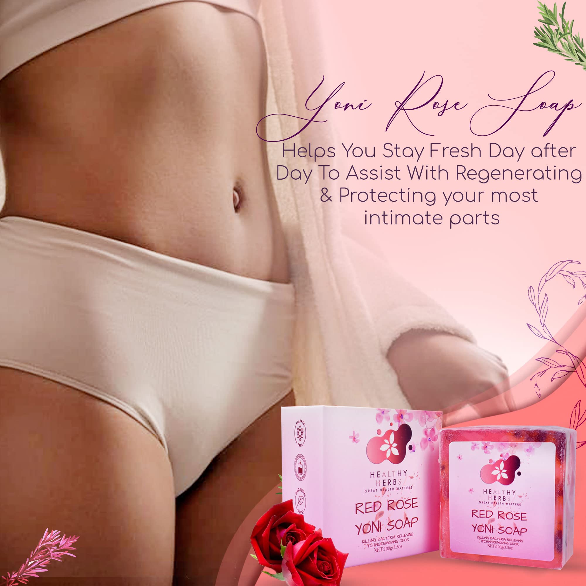 Organic Yoni Soap for Women - 100% Natural Feminine Wash Bar (3.5 oz) with pH Balance | Handmade Herbal Soap with Red Rose Extract | Eliminates Odor & Supports Vaginal Health | Perfect for Daily Intimate Care & Post-Workout Freshness