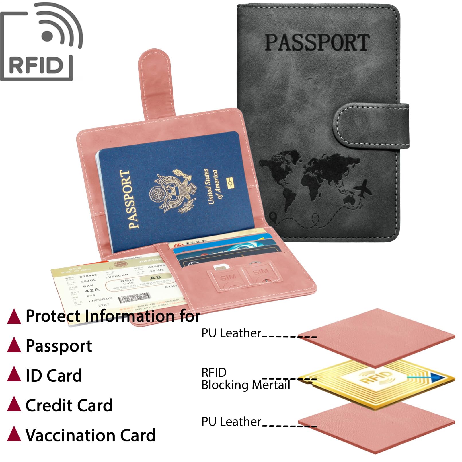 RFID Blocking Passport Holder for Travel - 2 Pack Leather Passport Cover for Women & Men - Perfect for Airports, Vacations & International Trips