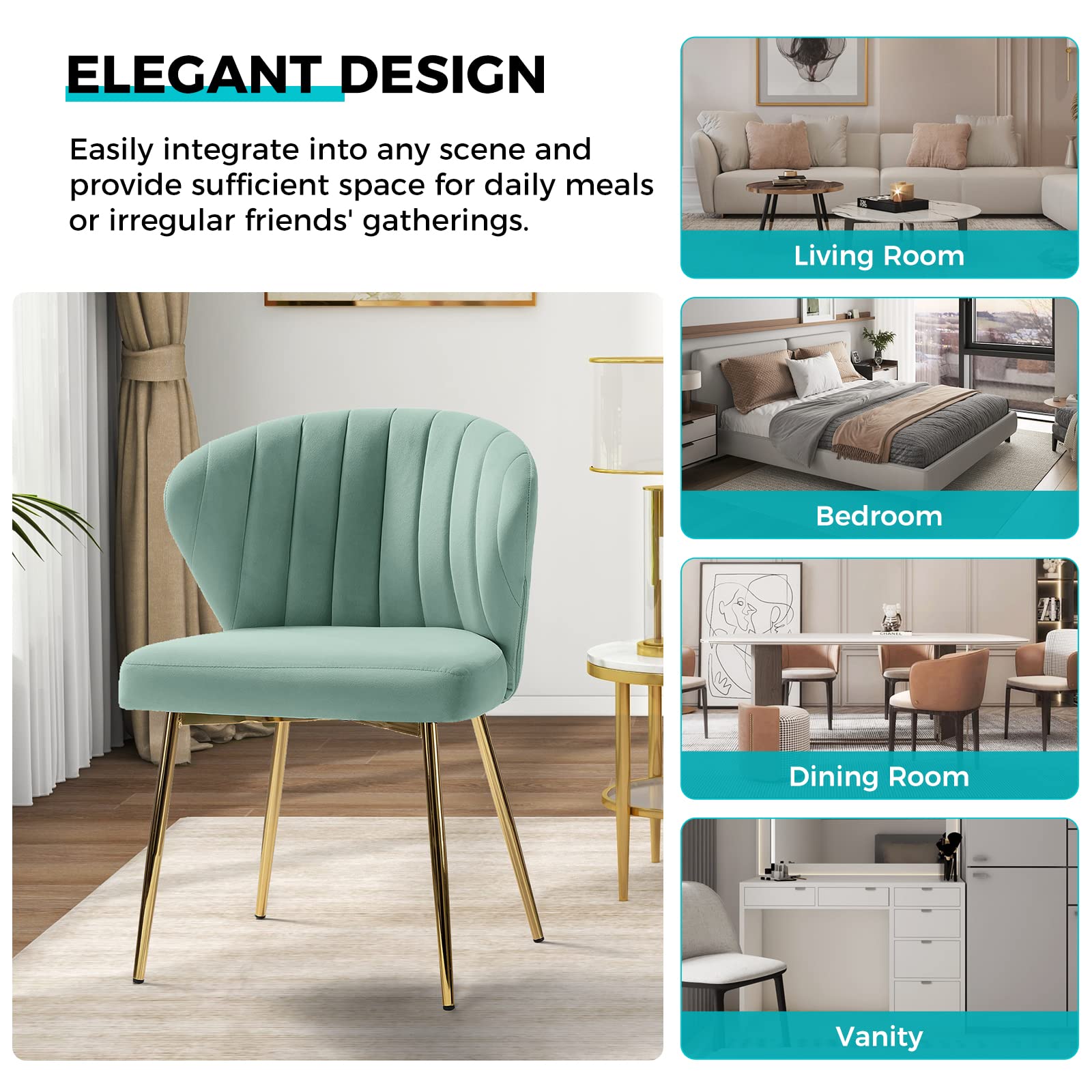 TINA'S HOME Modern Velvet Dining Chairs - Small Accent Chair with Golden Metal Legs, Tufted Back Upholstered Side Chair for Living Room, Kitchen, Vanity, Patio & Beauty Salon - Sage Green