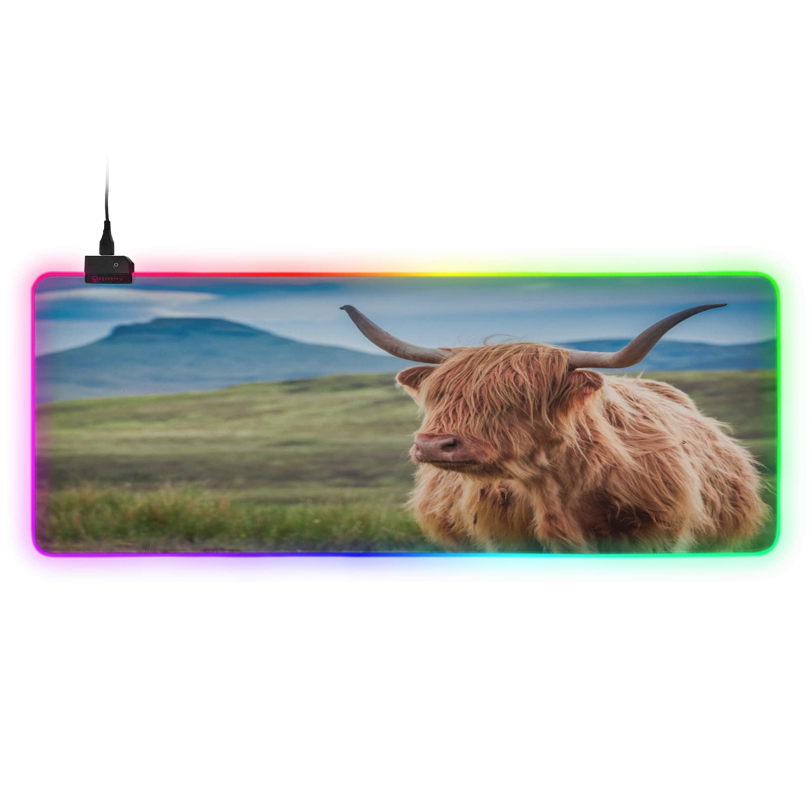 RGB Gaming Mouse Pad - Large Extended LED Animated Mouse Mat with Waterproof Surface & Anti-Slip Base - Furry Highland Cow Isle of Skye Design - Perfect for PC, Laptop Gaming & Office Work