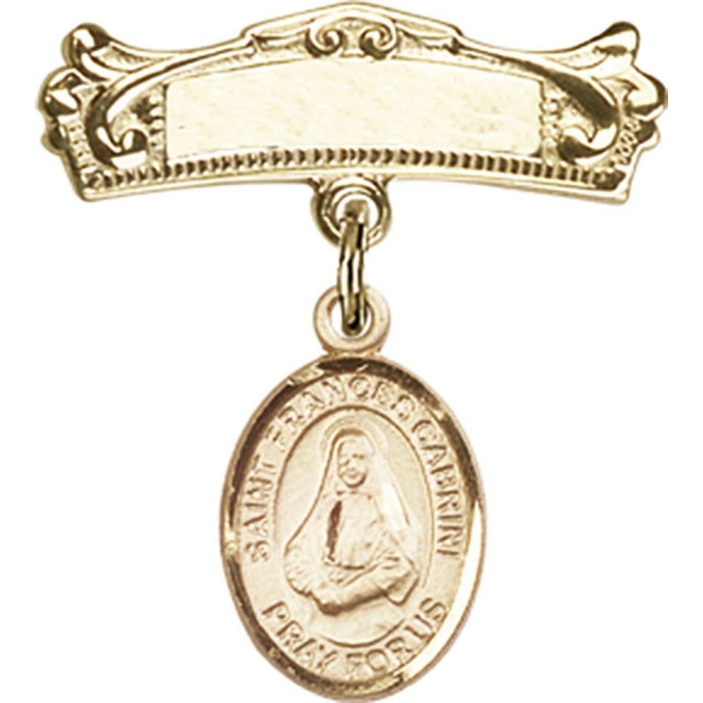 Gold Filled Baby Badge with St. Frances Cabrini Charm - 7/8 X 3/4 Inch Arched Polished Pin - Perfect for Baptism, Christening & First Communion Gifts