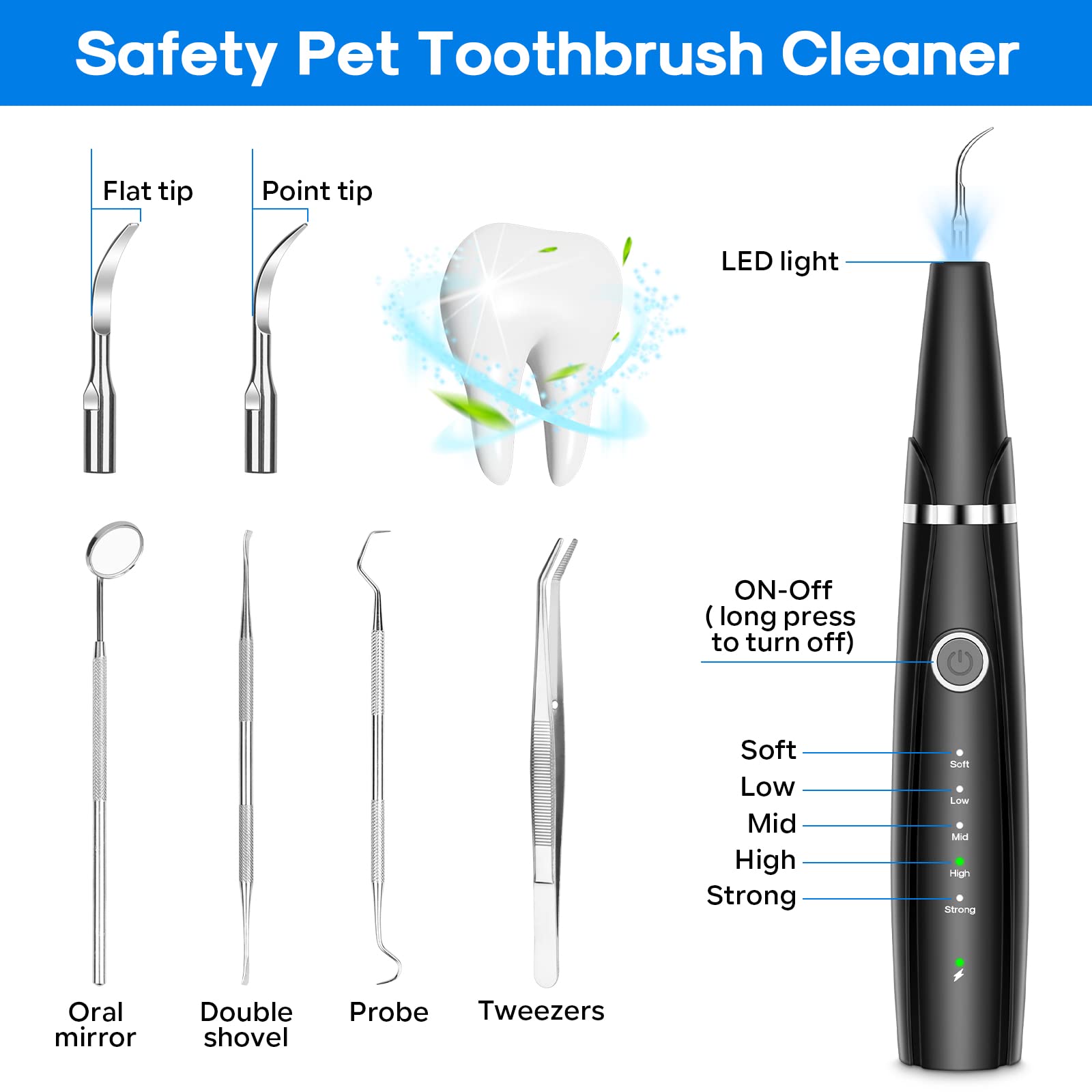 **5-Mode Ultrasonic Dog Teeth Cleaning Kit - Plaque & Tartar Remover for Pets, 10-in-1 Dental Care Set with Toothbrush (Black) - Perfect for At-Home Pet Oral Hygiene & Fresh Breath**
