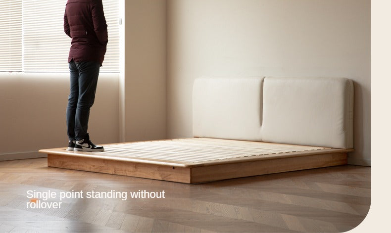 Solid Oak Wood Floating Platform Bed with Soft Fabric Headboard - Modern Technology Bed Frame for Bedroom, Living Room, or Guest Room