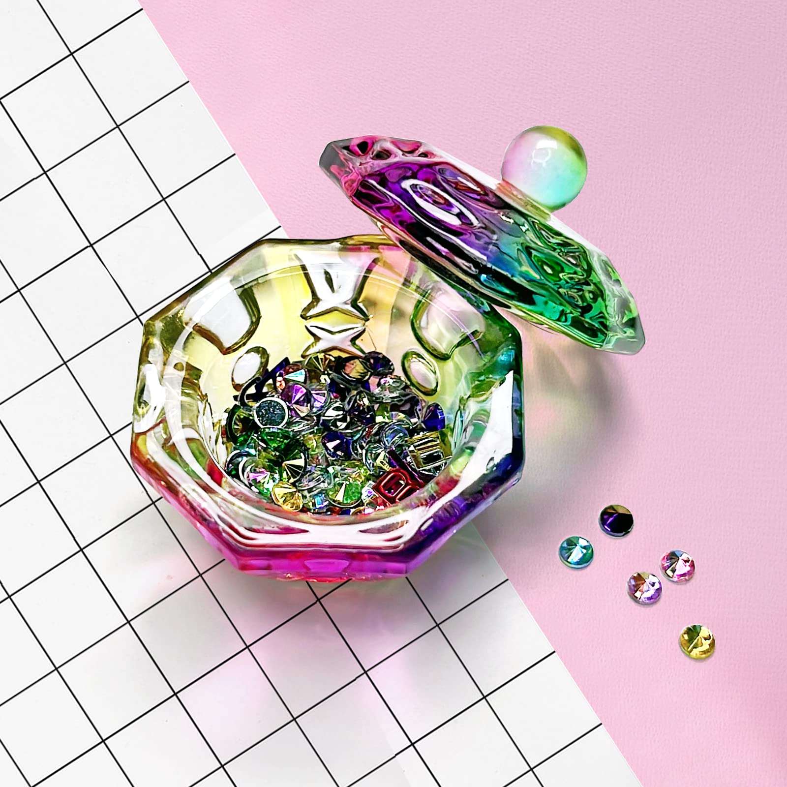 Crystal Rainbow Glass Dappen Dish with Lid for Acrylic Nails - Octagon Shaped Nail Liquid & Powder Glassware Bowl (YSHJB007) | Perfect for Nail Art, Salon Use & DIY Manicures