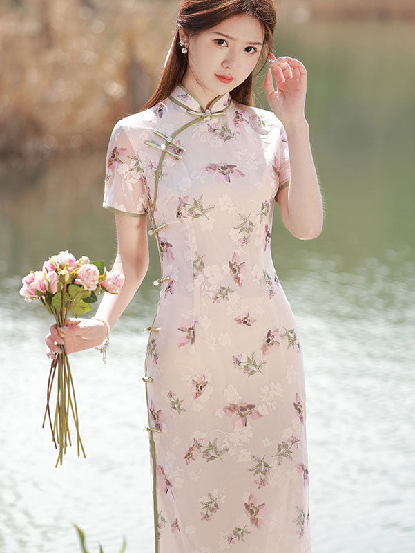 2023 Floral Print Chiffon Midi Qipao Cheongsam Dress - Elegant Chinese Traditional Dress for Women, Vintage Style Summer Party & Wedding Guest Outfit