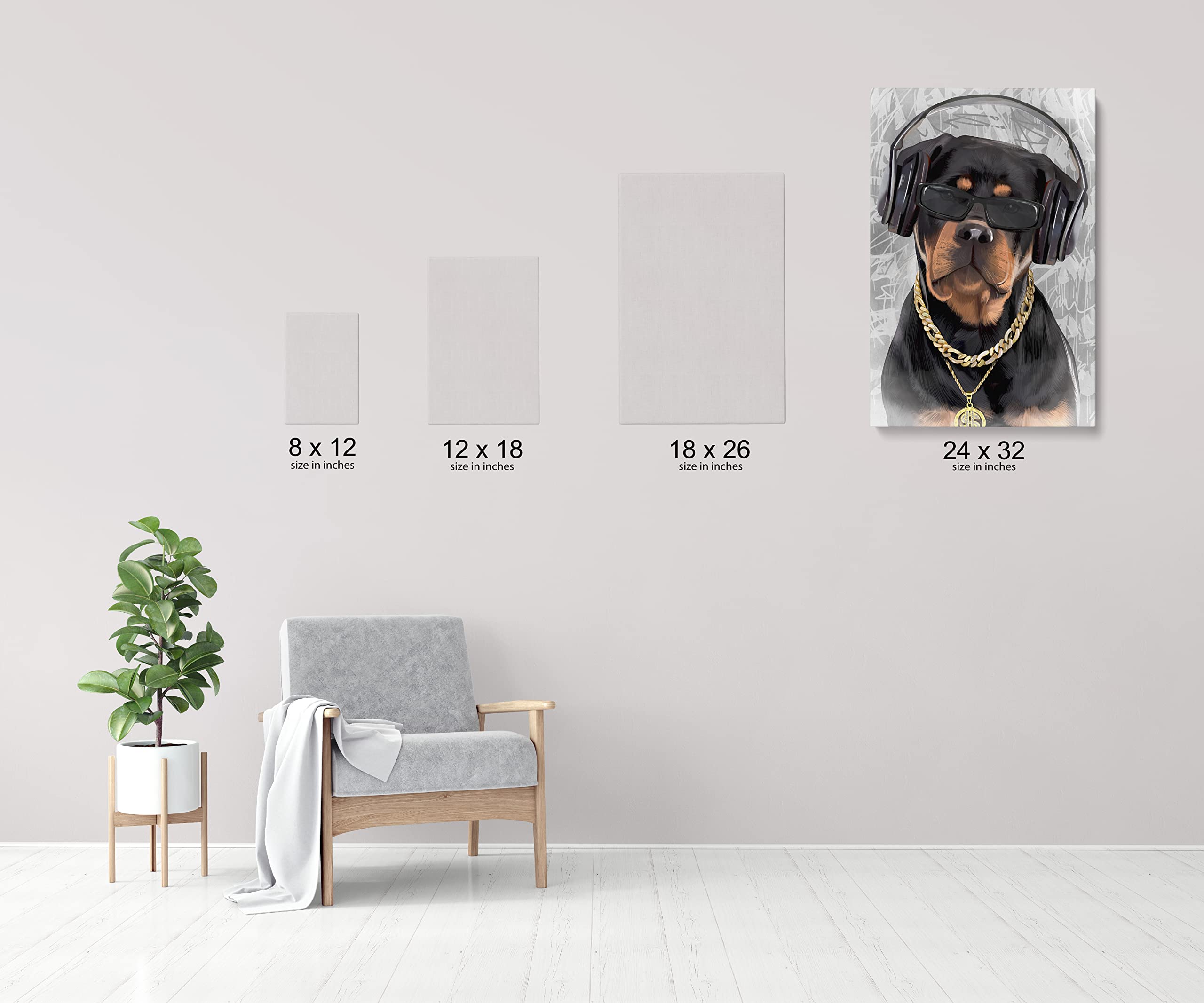 Funny Dog Portrait Wall Art - Cute Rottweiler Rapper Canvas Print 24x32 Inch | Unique Home Decor for Dog Lovers | Perfect for Living Room, Bedroom & Office | Stretched & Ready to Hang | Great Gift Idea for Pet Owners