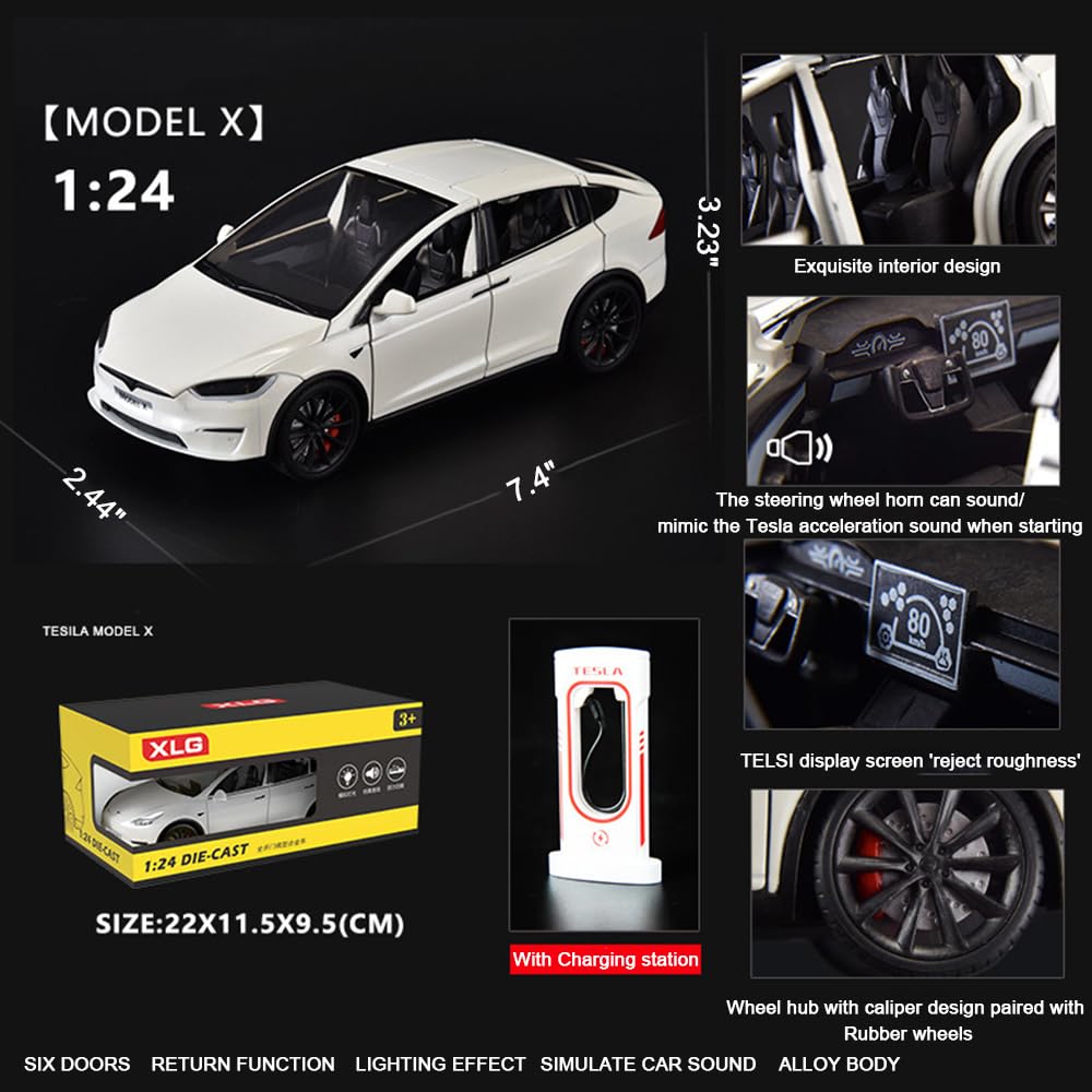 1:24 Scale Tesla Model X Alloy Diecast Toy Car with Gull Wing Doors, Pull Back Action, Lights & Music - Perfect Gift for Boys & Girls (White) - Great for Playtime, Collecting & Birthday Presents