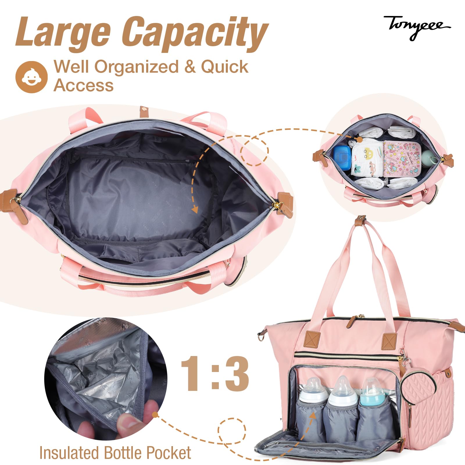 Waterproof Large Diaper Bag Tote with Changing Pad & Pacifier Case - Hospital Delivery Bag for Labor, Baby Travel Essentials, Pink (Perfect for Moms On-the-Go, Hospital Visits & Family Outings)