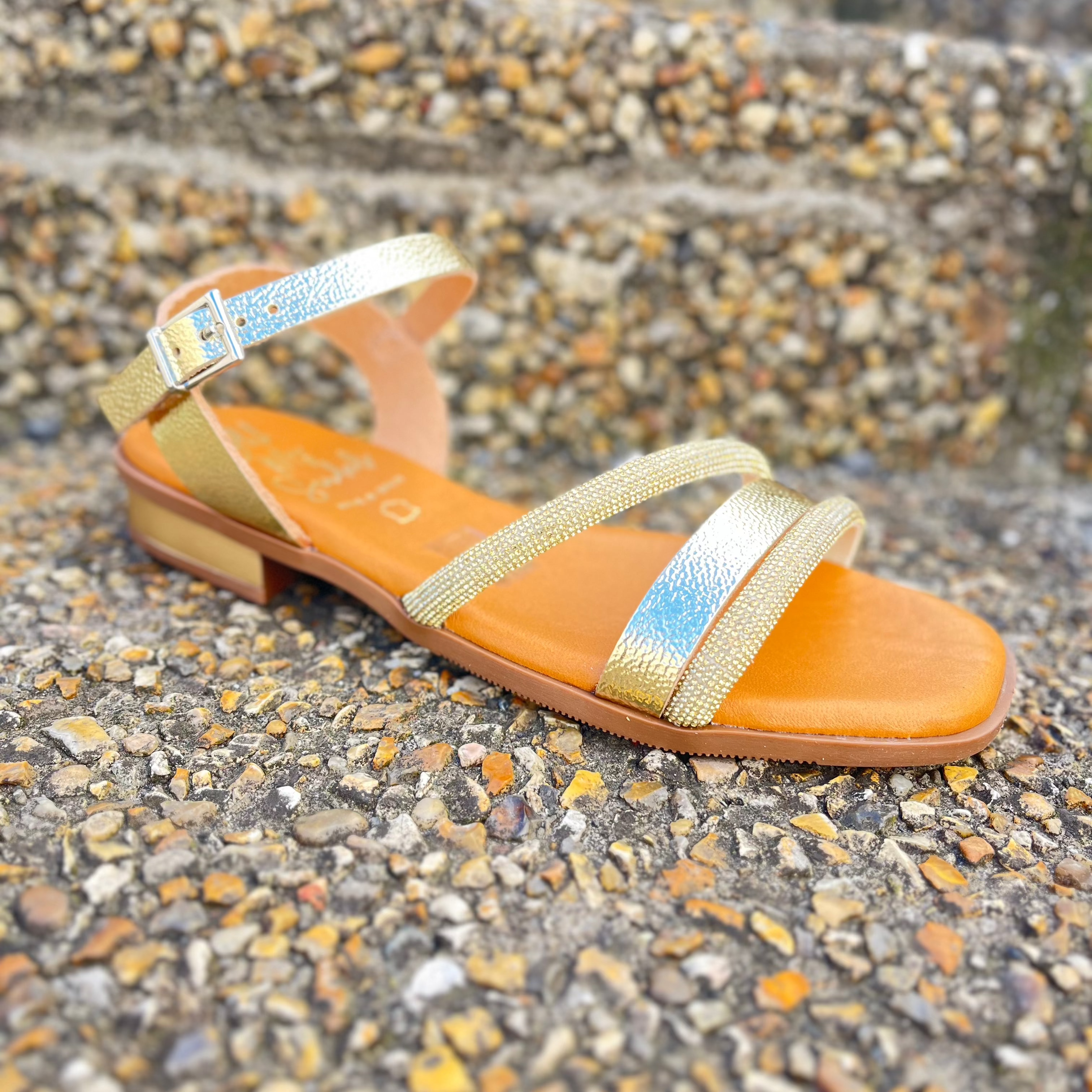 OH MY SANDALS Women's Gold Glitter Diamante Flat Sandals - Comfortable Summer Beach Wedding Slides for Women | Perfect for Vacation, Pool Party & Casual Outings