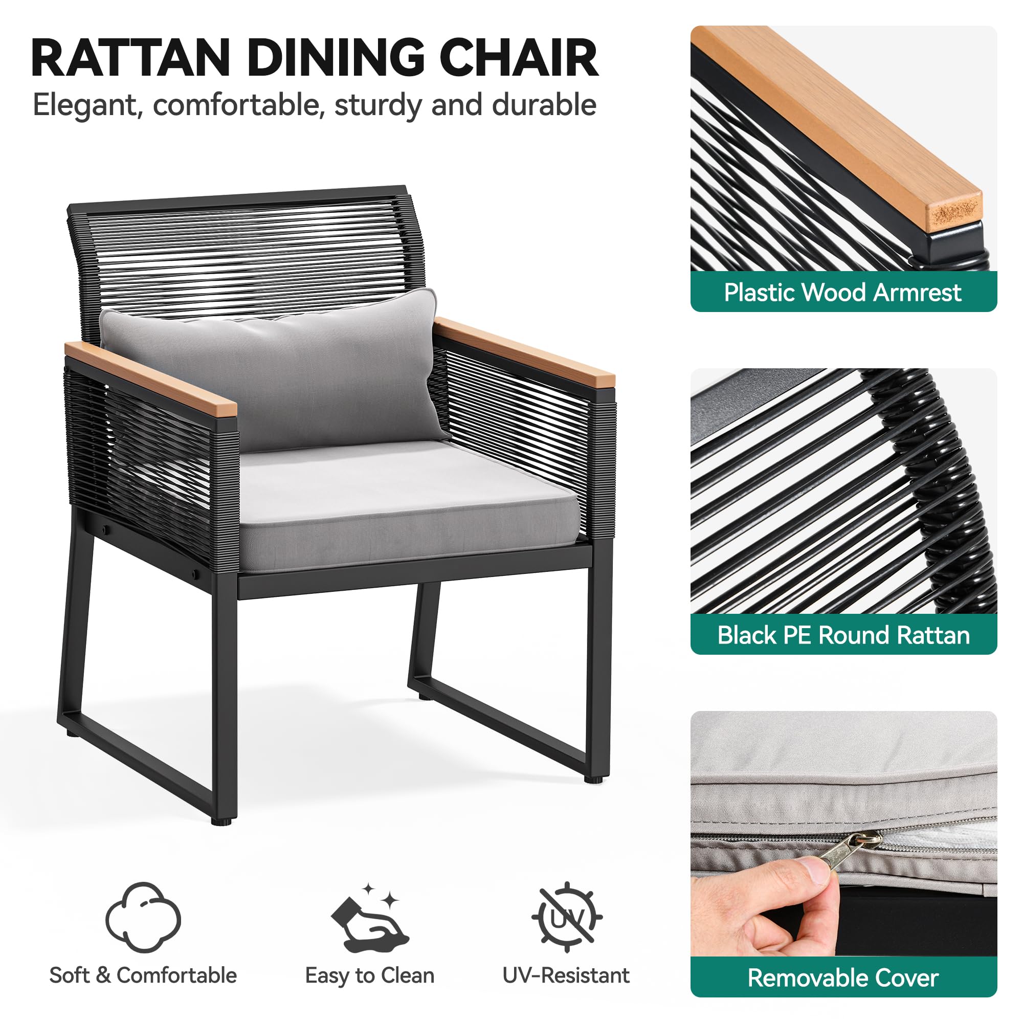 YITAHOME 4-Piece Patio Dining Chair Set, All-Weather Wicker Outdoor Furniture with Wood Armrests & Cushions - Black & Light Gray - Perfect for Backyard, Deck, Garden, and Poolside Dining